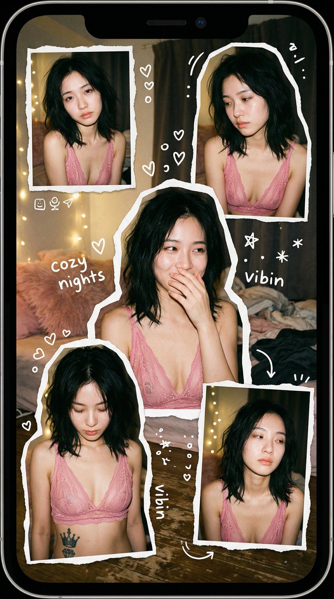 xiangyuli's tweet photo. 提示词:{
  "subject": {
    "description": "The same young East Asian woman appears five times in one vertical composition as individually cut out selfie portraits, arranged like an irregular hand-made sticker collage rather than a photo grid, with soft late-night intimate aesthetic, messy medium-length black hair, and pink lace lingerie look.",
    "mirror_rules": "Not a mirror selfie; treat it as a front-camera smartphone collage of multiple cutout portraits of the same person, with natural orientation and no mirrored text logic.",
    "age": "early 20s",
    "expression": {
      "eyes": {
        "look": "deep and soft almond eyes with natural catchlights, changing clearly from frame to frame",
        "energy": "gentle, melancholic, contemplative, slightly dreamy",
        "direction": "one direct gaze, one calm centered look, one shy hand-covering-mouth expression, one downward contemplative glance, one lazy side glance"
      },
      "mouth": {
        "position": "gently covered by hand in one frame, naturally closed or slightly parted in others",
        "energy": "quiet, melancholic, naturally varied across the collage"
      },
      "overall": "five visibly different micro-expressions: soft melancholy, quiet gaze, shy hand-over-mouth, contemplative downward look, and lazy side glance"
    },
    "face": {
      "preserve_original": "Preserve the authentic facial features: natural almond eyes, small delicate nose, smooth jawline, slightly lean cheek contours, and natural East Asian proportions.",
      "makeup": "Minimal natural makeup: sheer natural base, matte skin, very subtle blush, minimal eye shadow, no visible eyeliner, natural lashes, soft brows, and nude or pale pink lips."
    }
  },
  "hair": {
    "color": "natural black",
    "style": "messy medium-length hair with natural tousled texture and irregular strands",
    "effect": "naturally disheveled, as if just woke up or late-night unkempt, with some strands falling across the face, creating a casual lazy feel"
  },
  "body": {
    "frame": "slender and slim upper-body presence",
    "waist": "slim, visible in some frames",
    "chest": "medium to large, partially covered by pink lace lingerie with deep V neckline",
    "legs": "not visible",
    "skin": {
      "visible_areas": "face, neck, shoulders, collarbones, deep V chest area, arms, and stomach",
      "tone": "natural fair skin with soft cool undertone",
      "texture": "soft and delicate, natural pore texture, not over-retouched glass skin",
      "lighting_effect": "dim indoor light gently wraps the skin, creating intimate late-night atmosphere"
    }
  },
  "pose": {
    "position": "five separate cutout portraits placed at different heights and scales inside one vertical canvas",
    "base": "make each portrait clearly different: one front-facing close-up with hand covering mouth, one centered portrait with calm direct gaze, one slightly turned with hand lightly touching cheek, one looking down contemplatively, one lazy side glance with hand naturally placed",
    "overall": "avoid repeated poses; vary the crop, head tilt, hand placement, and gaze so the collage feels spontaneous, uneven, and alive with late-night melancholic emotion"
  },
  "clothing": {
    "top": {
      "type": "pink lace bralette",
      "color": "pink",
      "details": "sheer lace with ruffles and see-through lace details, deep V neckline, revealing collarbones, shoulders, and stomach",
      "effect": "soft, sensual, intimate, with authentic late-night bedroom selfie feel"
    },
    "bottom": {
      "type": "pink lace panties",
      "color": "pink",
      "details": "partially visible or not visible"
    }
  },
  "accessories": {
    "prop": "tattoo on left abdomen with crown and diamond design (must be visible in some cutouts)"
  },
  "photography": {
    "camera_style": "smartphone front-camera late-night selfie collage with authentic lo-fi aesthetic",
    剩下的见评论
