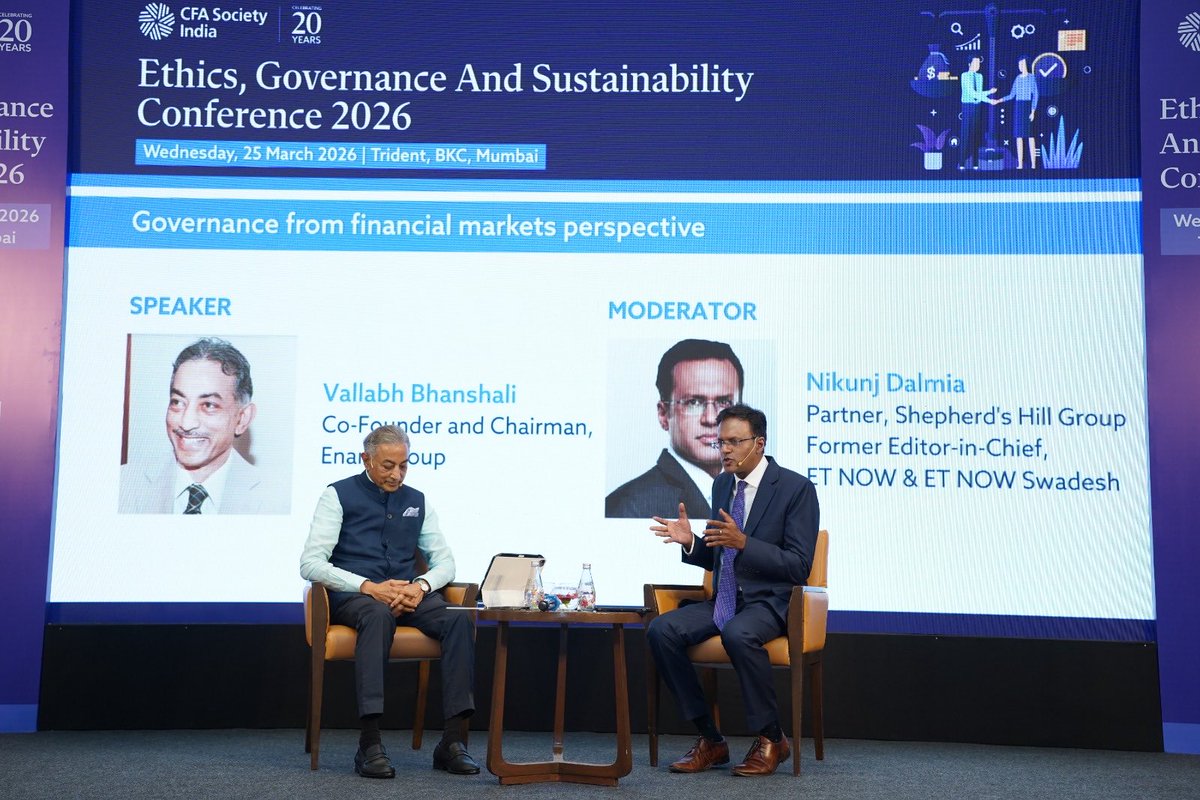 nikunjdalmia's tweet image. Great conversation with Mr. Bhanshali on governance in financial markets at @CFASocietyIndia’s Ethics, Governance &amp;amp; Sustainability Conference. Key insights on building ethical and sustainable market practices from the Enam Group Co-Founder &amp;amp; Chairman. #Governance #CFA2026