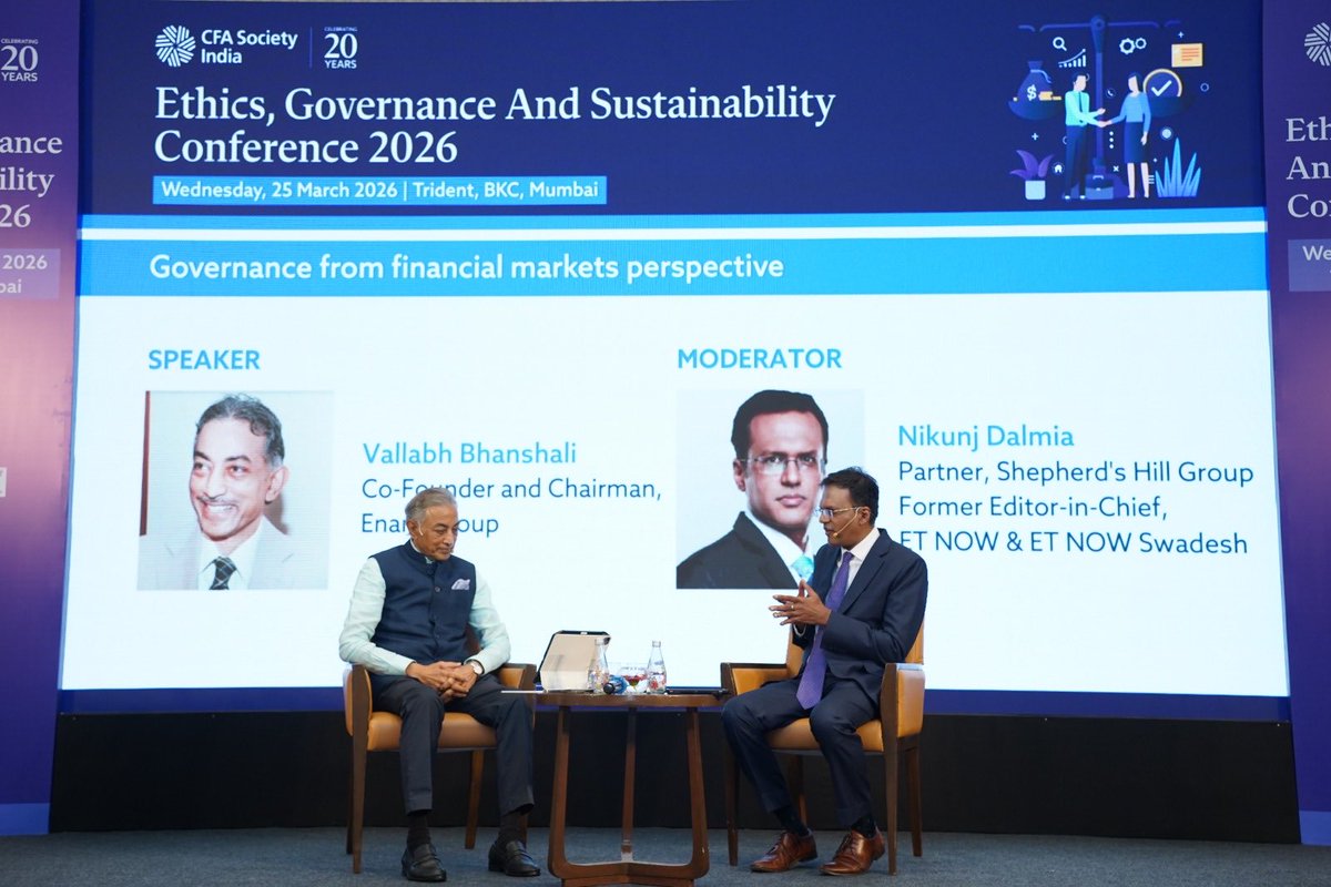 nikunjdalmia's tweet image. Great conversation with Mr. Bhanshali on governance in financial markets at @CFASocietyIndia’s Ethics, Governance &amp;amp; Sustainability Conference. Key insights on building ethical and sustainable market practices from the Enam Group Co-Founder &amp;amp; Chairman. #Governance #CFA2026