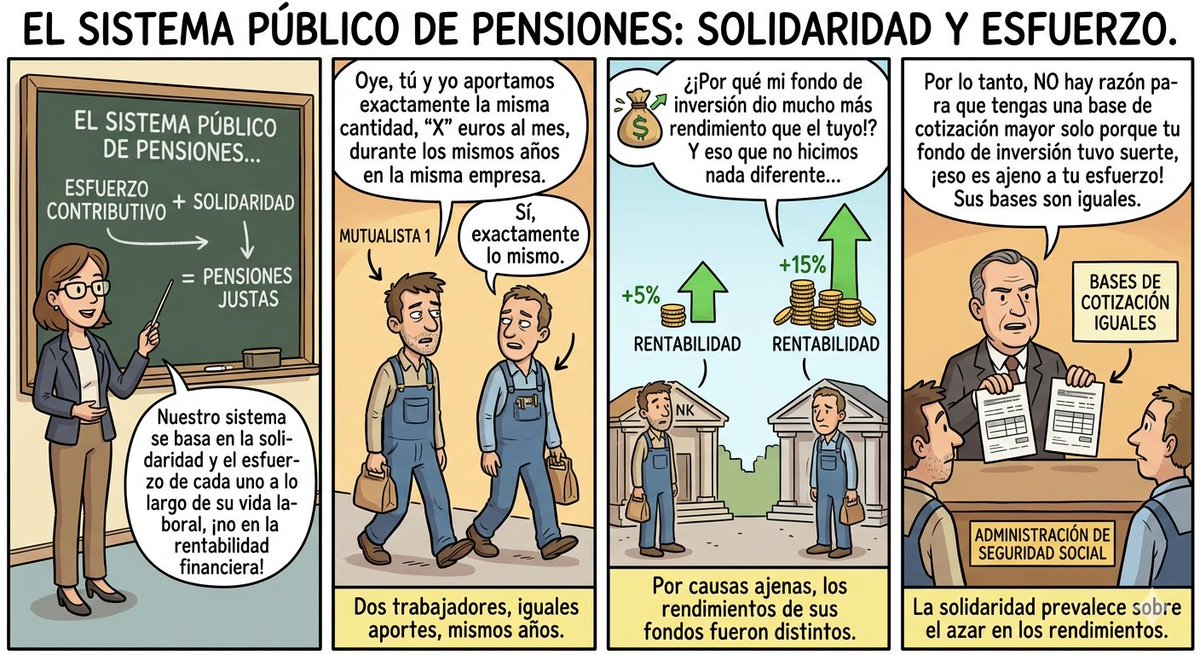 El sistema público de pensiones se basa en solidaridad y esfuerzo contributivo, no en rentabilidad. Si 2 mutualistas aportaron lo = durante los mismos años pero uno obtuvo mayor rendimiento por causas ajenas a su voluntad, no hay razón para que tenga base cotización mayor.