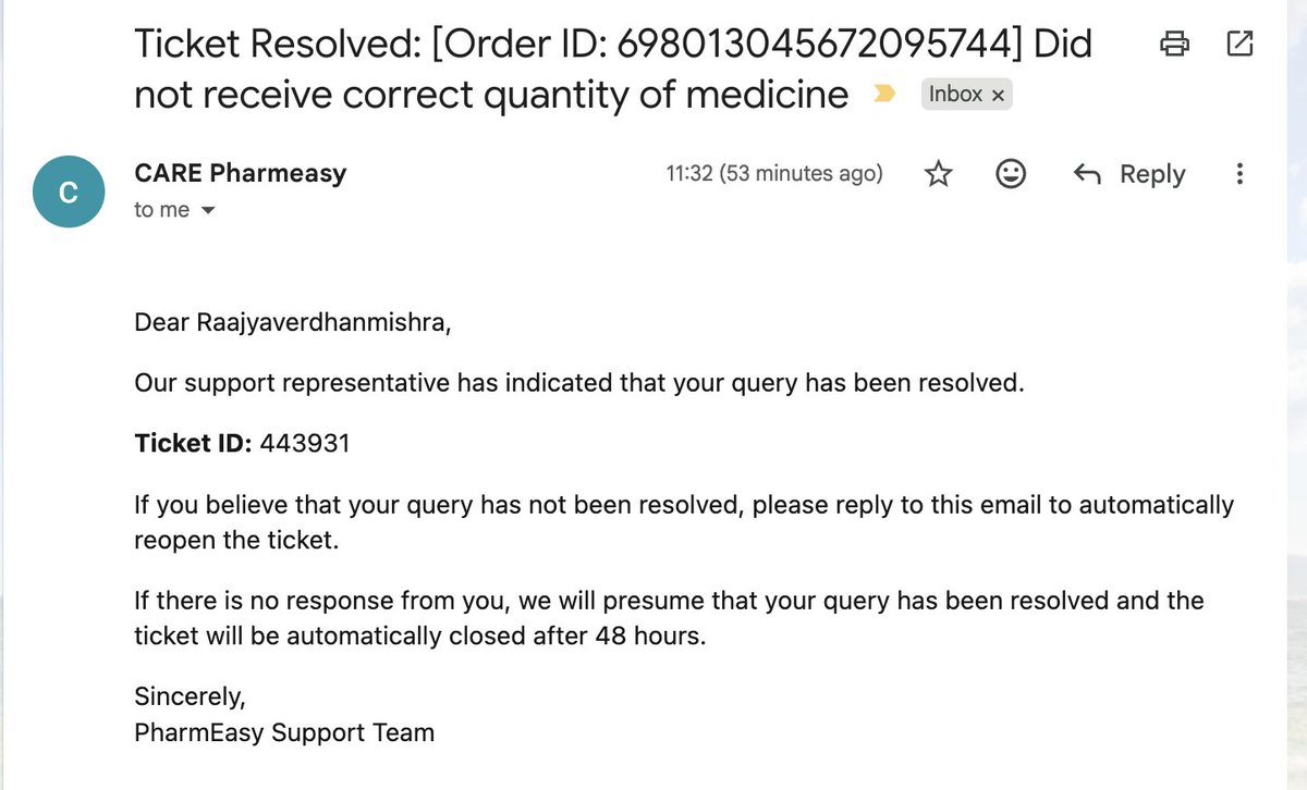 RealRajya's tweet photo. @pharmeasyapp Wtf @pharmeasyapp 
why have you closed ticket without resolution? no call, no sms https://t.co/RlQ8sW4og2
