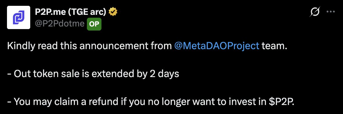 Be <a href="/P2Pdotme/">P2P.me</a> 

> launch their product in mid-2023
> their product never worked properly without using VPN
> the most of user who use p2p rewarded with bank freeze 

> launch ICO on metadao
> wanted to raise $6M at 15M FDV
> no retails were interested in this sale except the VCs