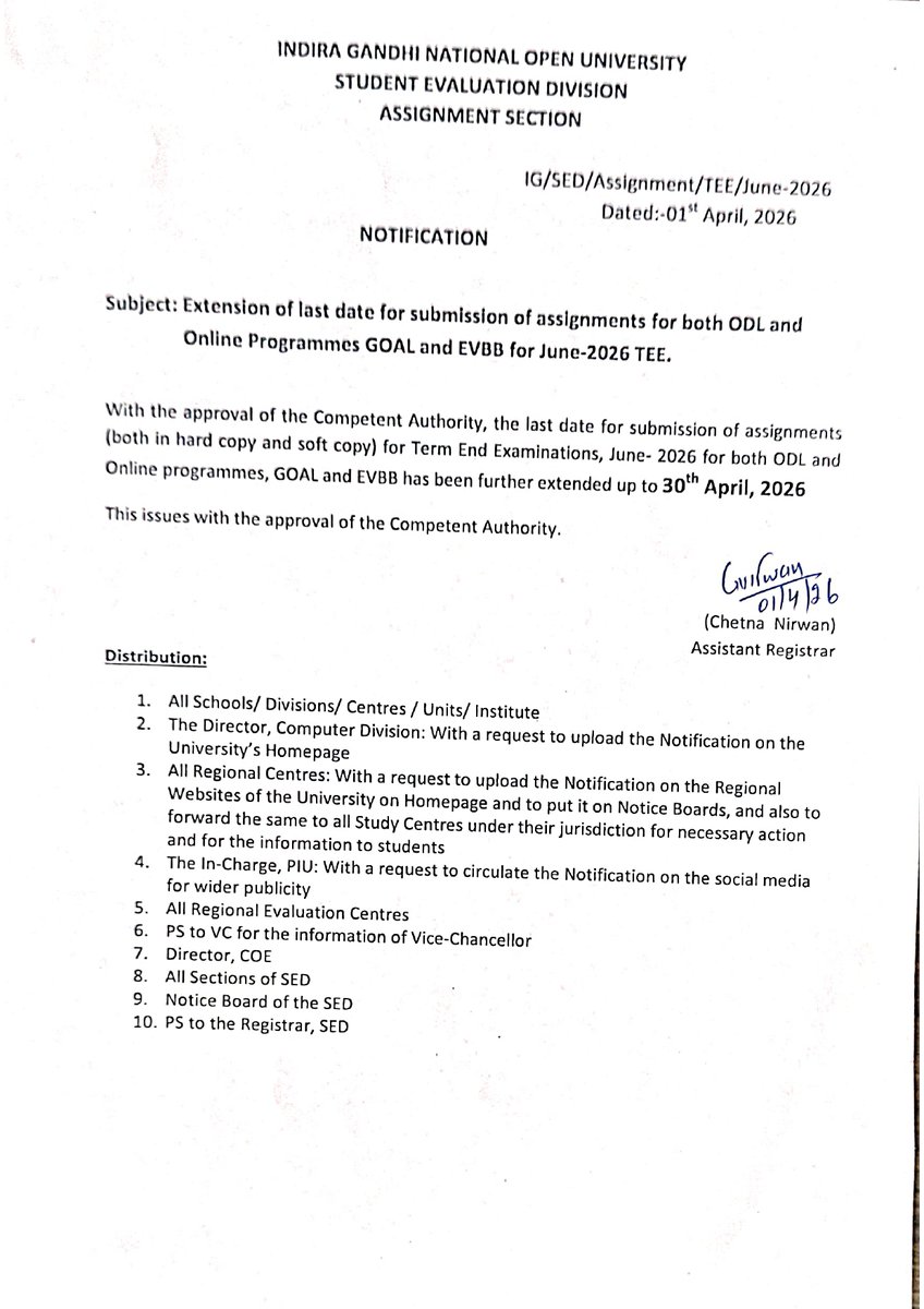 Ignou_Imphal's tweet photo. Notification regarding Extension of last date for JUNE 2026 TEE Submission of Assignment https://t.co/pOnuoaK5YP