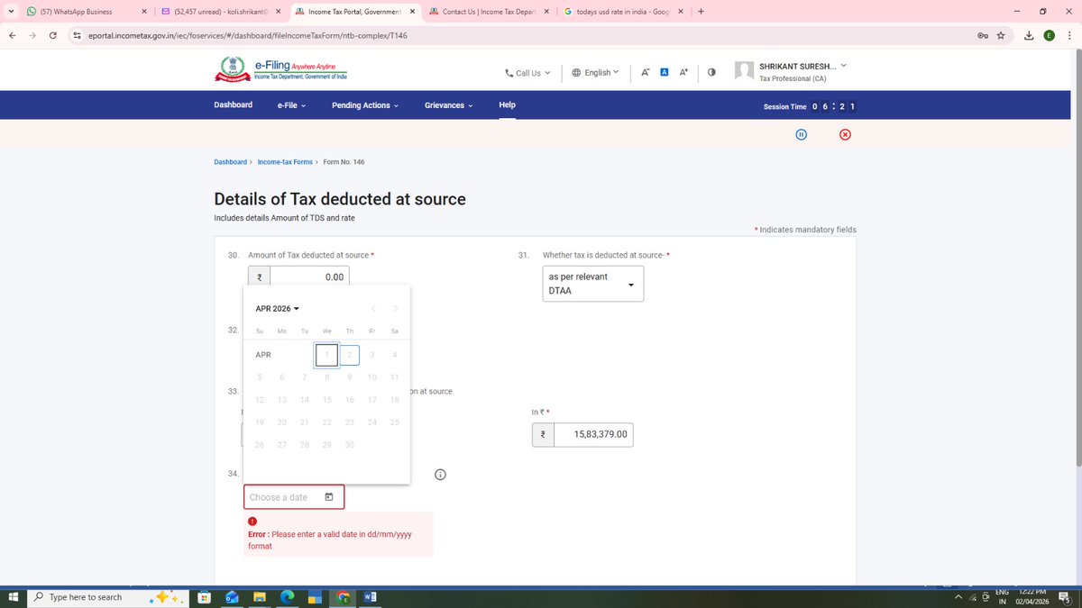 Shrikant111988's tweet image. Facing an issue on the Income Tax Portal while filing Form 146 — the “Date of deduction of tax at source” field is not allowing selection (calendar not working)
Kindly resolve this technical glitch at the earliest.
@IncomeTaxIndia @FinMinIndia #IncomeTax #eFiling  #TechnicalIssue