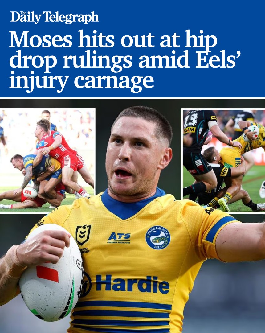 dailytelegraph's tweet photo. Parramatta have lost two stars to hip drop tackles already this season, leaving Eels captain #MitchellMoses confused and frustrated by the inconsistency of punishments.

#NRL 🏈 https://t.co/CpPfZvmKu7

Get the news first with The Daily Telegraph app: https://t.co/nwh13xF0HY https://t.co/bt07LjKYpp