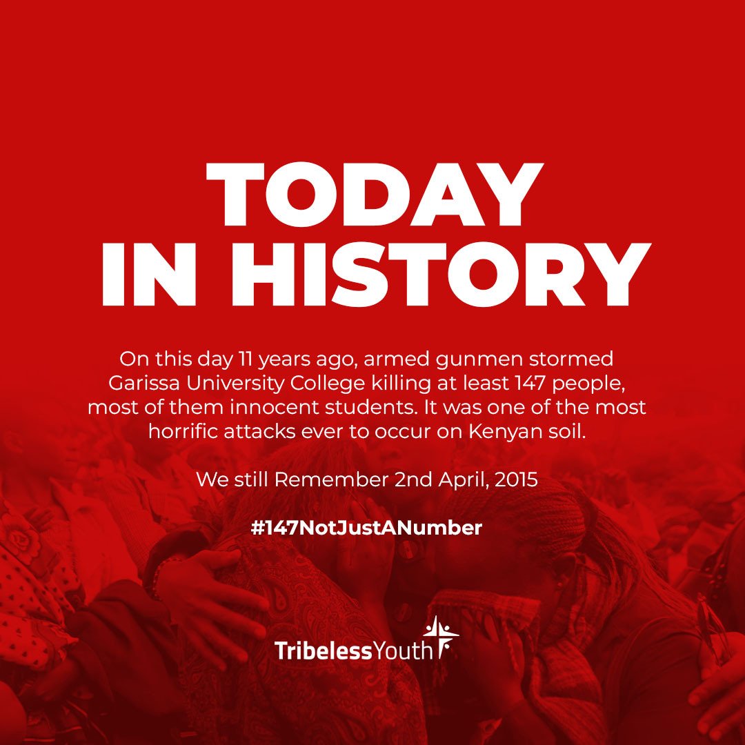 TribelessYouth's tweet photo. #LestWeForget
On this day 11 years ago, armed gunmen stormed Garissa University College, killing at least 147 people, most of them innocent students. It was one of the most horrific attacks ever to occur on Kenyan soil.
We still Remember 2nd April, 2015
#147NotJustANumber https://t.co/duFvrLQcc7