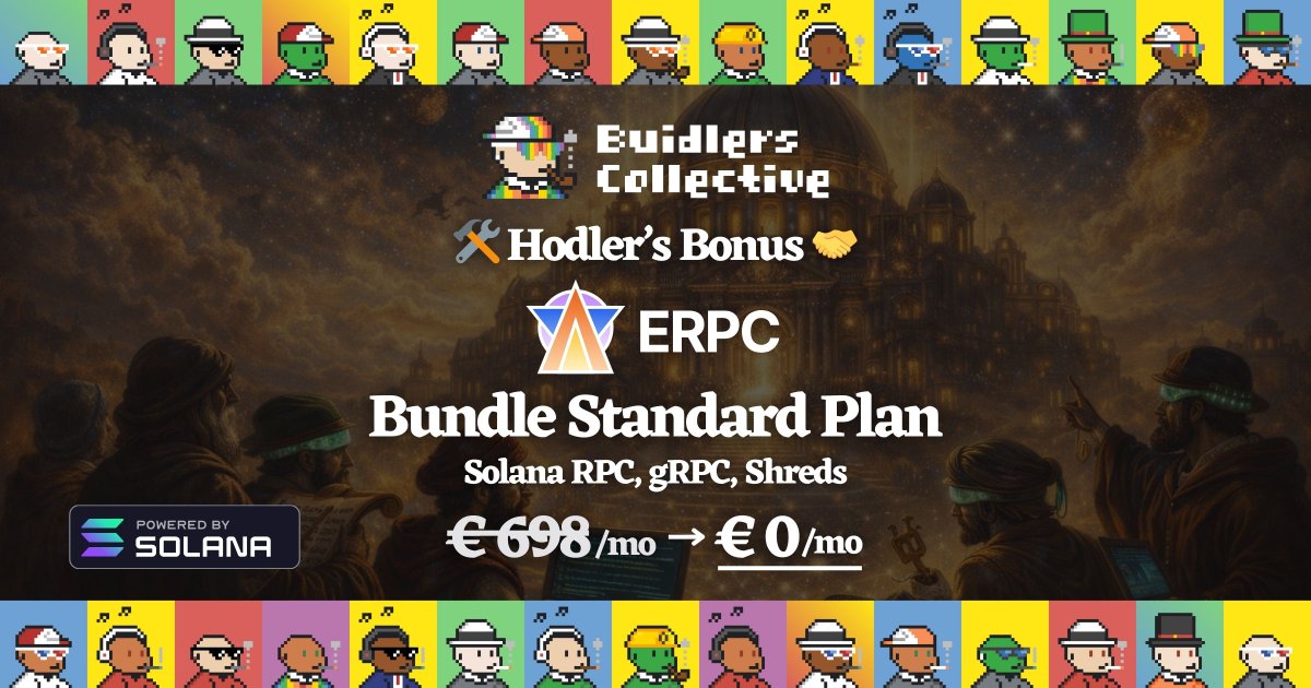 BuidlersC2's tweet photo. gm🫡

Big upgrade for BDLC GENESIS hodlers🚨

Until now, the Hodler's Bonus was one Bundle Standard Plan per wallet — regardless of how many NFTs you held. That changes today.

Multiple BDLC = multiple connections.

Buidlers are scaling globally. More regions, more endpoints, more demand. One plan wasn't enough for developers operating across multiple regions.

Every Solana project needs to think global from day one. ERPC @ERPCglobal already serves users in 100+ countries — and now BDLC hodlers can scale their infrastructure with their ambitions.

More NFTs, more RPC tokens, more connections. Simple.

We'll keep supporting Solana buidlers worldwide🚀🔥

NFA / DYOR / LFG

https://t.co/dLpxEz2Qqc