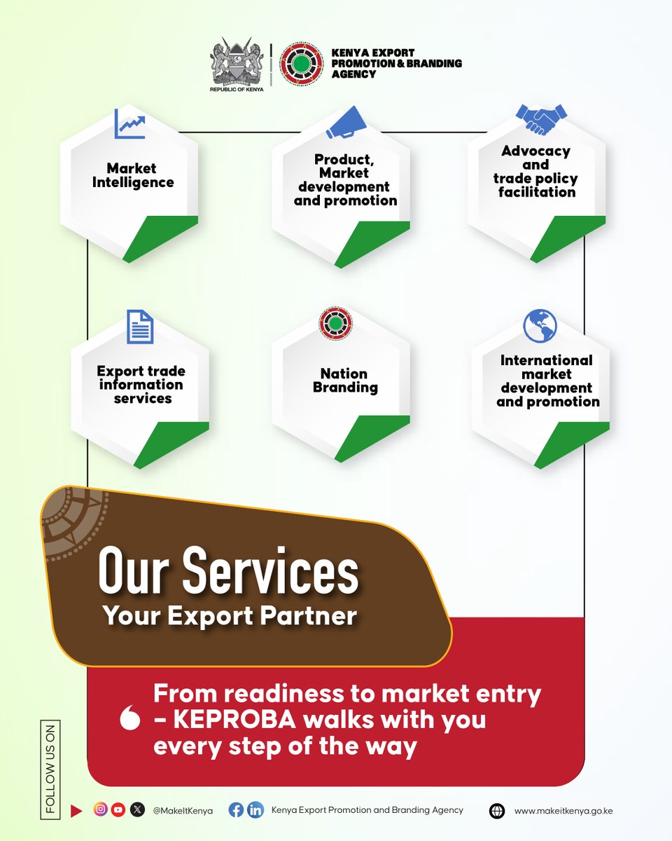 MakeItKenya's tweet photo. Your journey to global markets starts here!

The Kenya Export Promotion and Branding Agency (KEPROBA) supports businesses at every stage of their export journey, from market intelligence and product development to trade facilitation and access to international markets.

Through strategic partnerships with government and industry stakeholders, KEPROBA works to strengthen export competitiveness and transform potential into sustainable global success.

🔗 Learn more about KEPROBA at https://t.co/2LIgJdpIw6

#ThisIsKEPROBA #ExportAgendaKE #MakeItKenya