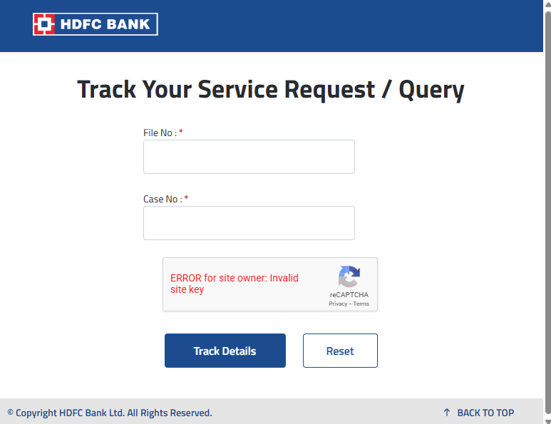 SachinPatole's tweet photo. Hi @HDFCBank_Cares @HDFC_Bank, I'm trying to track a service request, but the page is showing a reCAPTCHA error: 'Invalid site key.' 

Please fix this so I can check my status service request.

Below is the link received in email - https://t.co/8qXPDF5jhD https://t.co/fUniJDLPlX