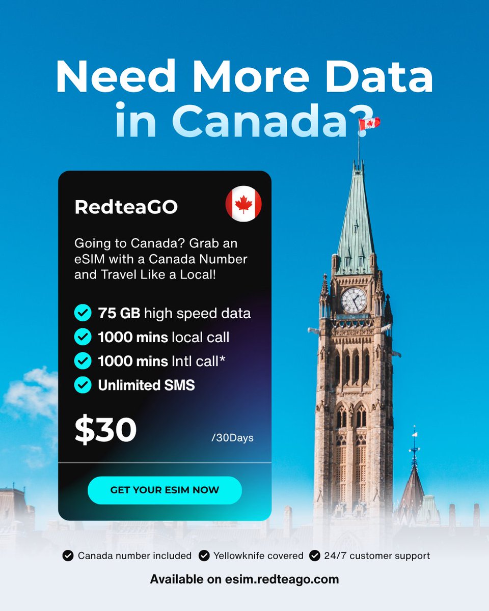 RedteaGO's tweet photo. Meet Our New Canada eSIM!
• 75GB high-speed data (then 128kbps)
• Canadian number
• 1000 mins Intl call(Mainland China, Hong Kong, Macau, Taiwan, USA, Mexico, Australia, New Zealand, Japan, South Korea, Singapore, Malaysia, Thailand, Indonesia &amp; Vietnam)
• Yellowknife covered https://t.co/ggR0TfjlKa