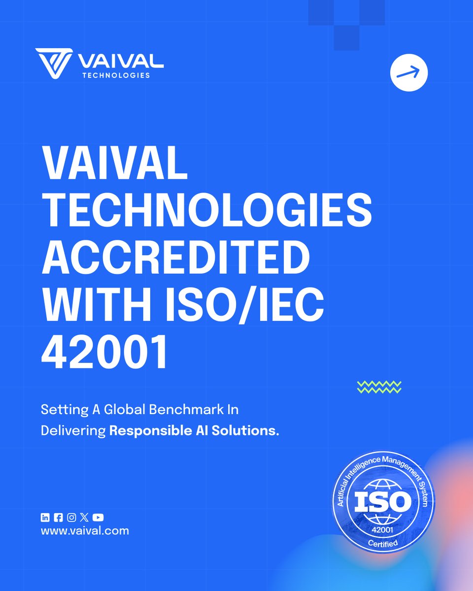 vaivaltechpk's tweet photo. Among the first in Pakistan and a select few globally, Vaival Technologies achieves ISO/IEC 42001 accreditation for AI management systems.

A strong step forward in delivering trusted and enterprise-grade AI solutions. https://t.co/5cmZfNcFT4