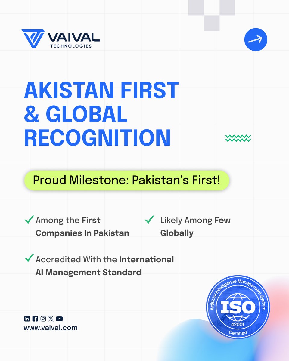 vaivaltechpk's tweet photo. Among the first in Pakistan and a select few globally, Vaival Technologies achieves ISO/IEC 42001 accreditation for AI management systems.

A strong step forward in delivering trusted and enterprise-grade AI solutions. https://t.co/5cmZfNcFT4
