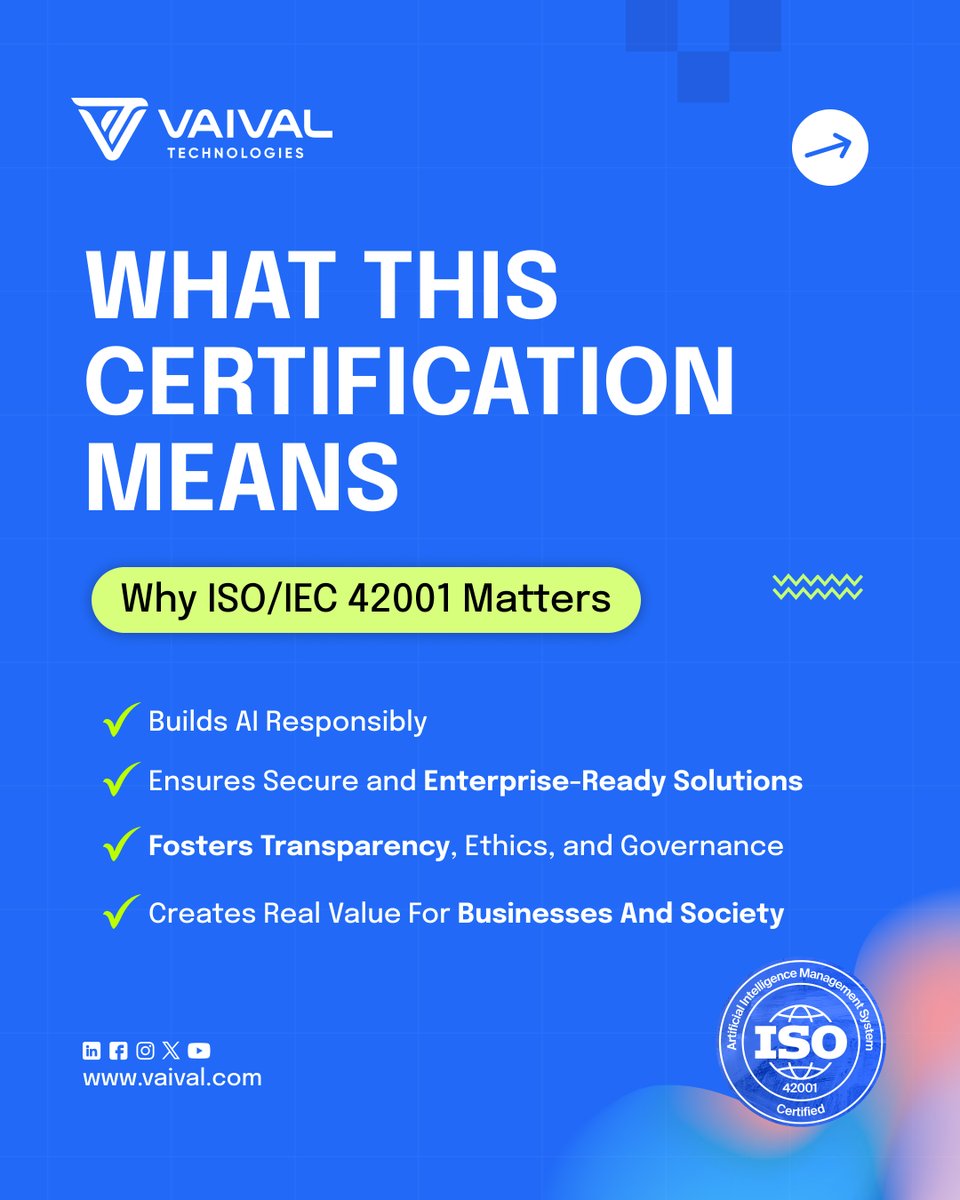 vaivaltechpk's tweet photo. Among the first in Pakistan and a select few globally, Vaival Technologies achieves ISO/IEC 42001 accreditation for AI management systems.

A strong step forward in delivering trusted and enterprise-grade AI solutions. https://t.co/5cmZfNcFT4