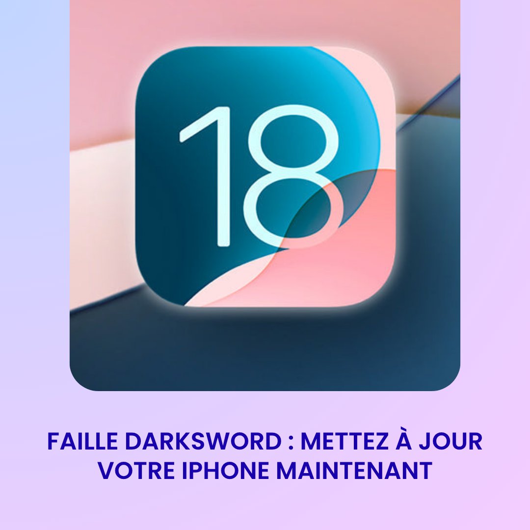 FAILLE DARKSWORD : METTEZ À JOUR VOTRE IPHONE MAINTENANT 🔐

Un site web malveillant peut accéder à vos données personnelles…

C'est la faille DarkSword. Et Apple vient enfin de la corriger pour iOS 18 avec iOS 18.7.7.

Jusqu'ici, Apple avait ignoré les utilisateurs restés sur