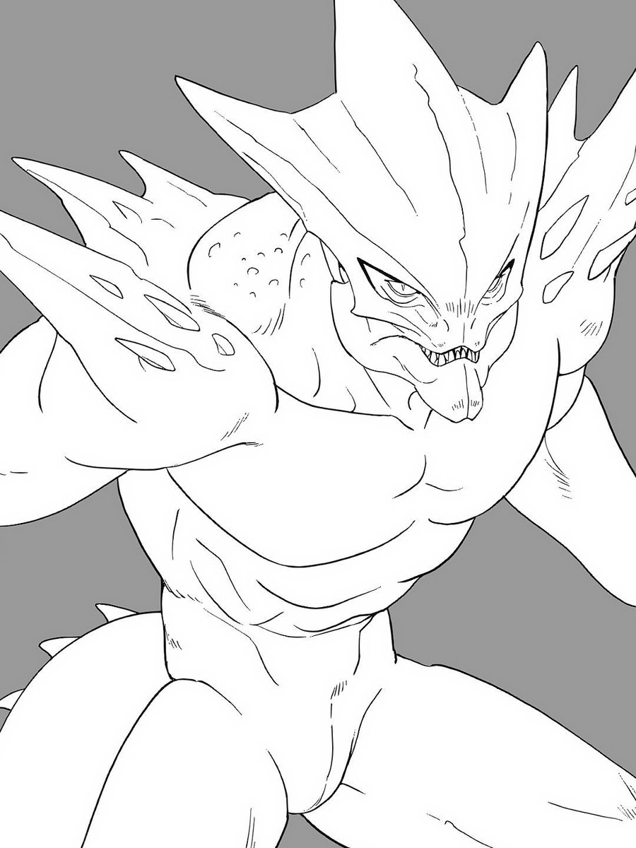 WhiteBlaizer's tweet photo. A lizard creature with horns and a spiked club. Inked with CSP. Another clean and simple original design. 
#FantasyArt #OC #WIP https://t.co/aQ9j9U6S7E