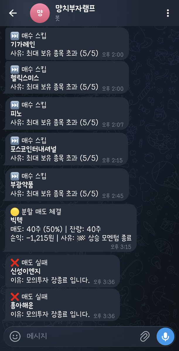 _LUXORION_'s tweet photo. 자동매매봇 4일차 후기

건드린것도 없는데 갑자기 서버가 먹통됐길래 원인을 찾아보니 메모리부족...
✅1기가에서 2기가로 늘림
✅서버 시간 한국기준으로 변경
✅대시보드 업그레이드
-예수금 표기
-거래기록에서 익절/손절 표기
-승률 표기
-기타 등등
✅장초반(09:00~09:30) 손절 유예 로직 추가
-@breakawaych 님, @DeepDive_KR
 님 트윗 자료 참고
✅텔레그램 알림 업데이트
-종목코드 > 종목명으로 변경
-장 종료 이슈로 매도 실패 시 어떤 매도 시그널인지 안뜨길래 '장 종료 + 해당 시그널' 둘다 명시되게 수정