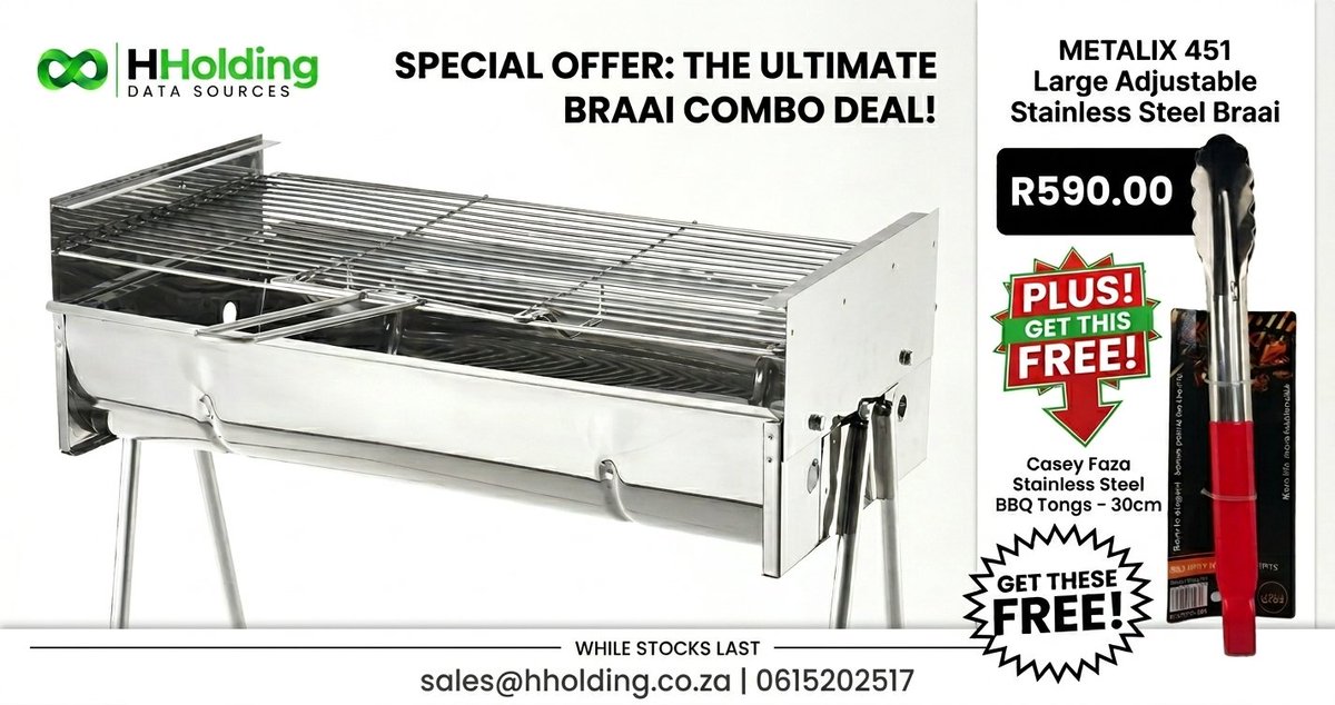 hereUR_ZA's tweet photo. ๐ฅ SPECIAL OFFER! ๐ฅ Metalix 451 Adjustable Stainless Steel Braai (R590.00) + FREE Casey Faza Tongs (30cm)!
Upgrade your setup today. Strictly while stocks last. ๐ ๐ 0615202517 ๐ง sales@hholding.co.za
#BraaiTime #HHolding #Deals https://t.co/E2YLIDzNzz