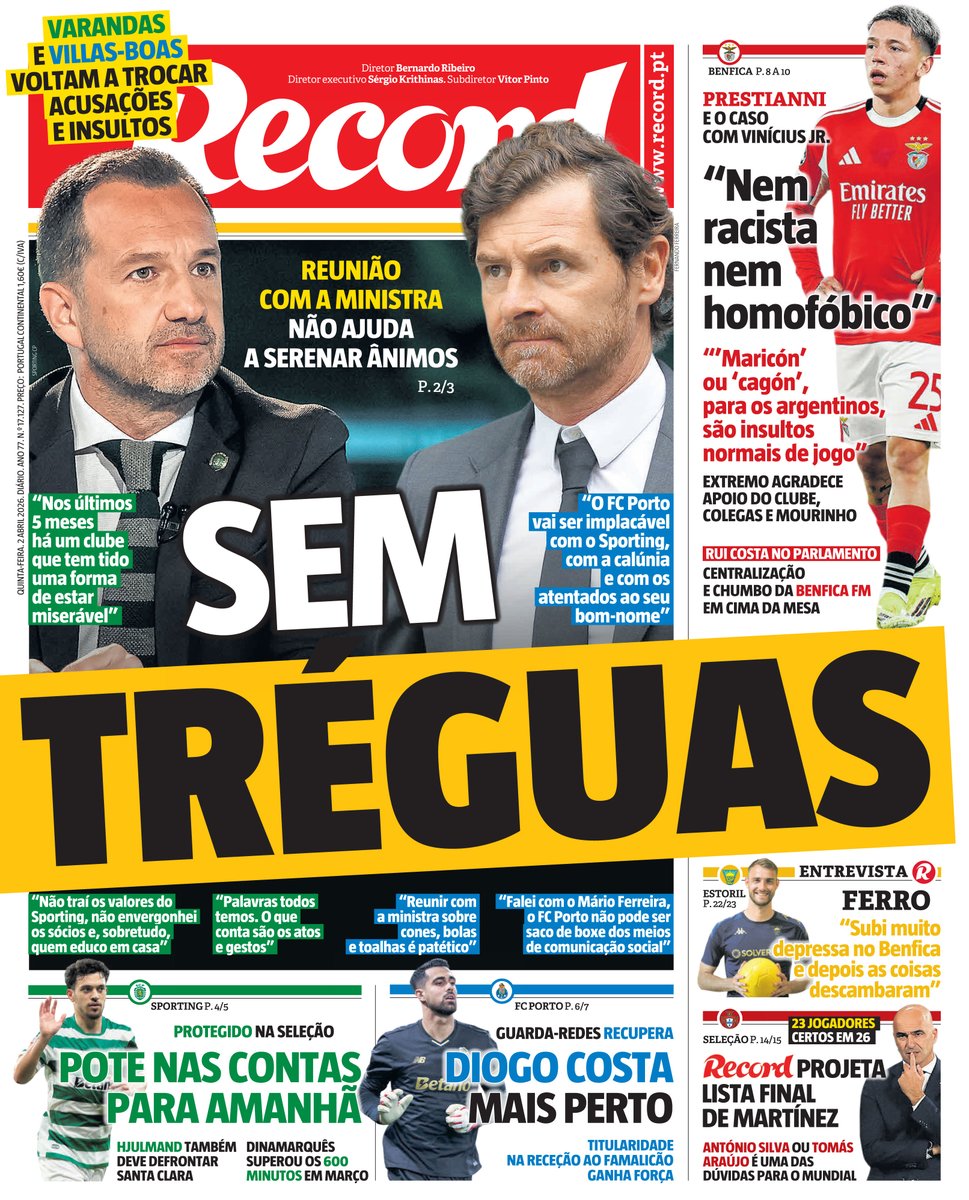 Record_Portugal's tweet image. Bom dia! A primeira página de Record de hoje, 2 de abril #capa #record