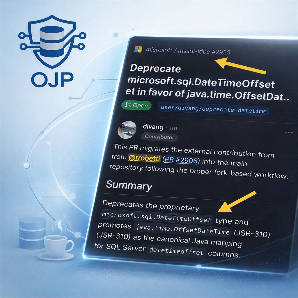 rrobetti's tweet photo. My recent contribution to the @SQLServer  JDBC Driver for SQL Server is helping modernize its public API by moving away from  microsoft.sql.DateTimeOffset, a vendor-specific class. in fafor of  java.time.OffsetDateTime.
#SqlServer #JDBC #Java #OJP https://t.co/ApQlYAiZgX