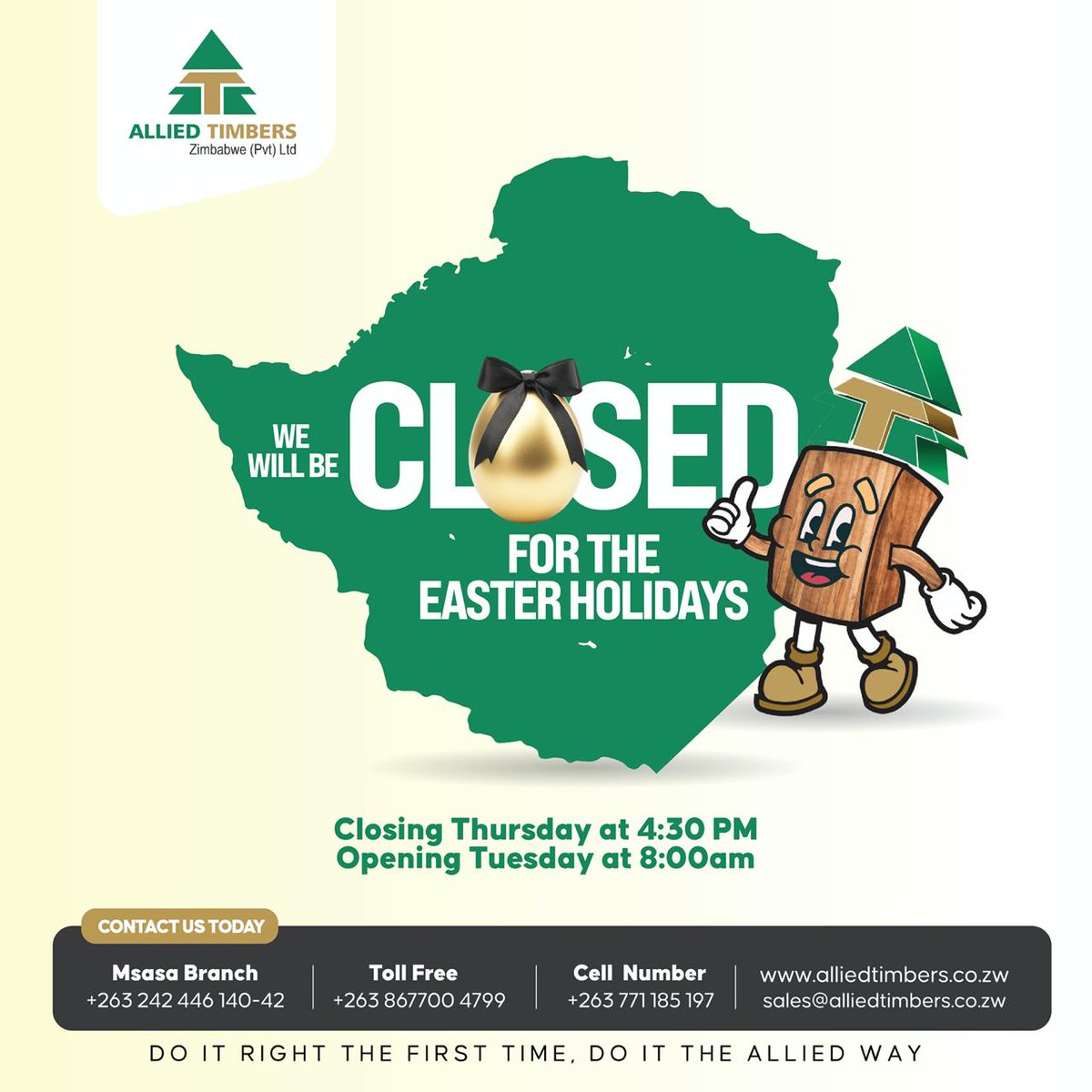 AtzAllied's tweet photo. Easter Holiday Notice

Dear valued customers,
Please note that we will be CLOSED for the Easter holidays.
We would like to wish you and your loved ones a joyful and peaceful Easter. May you travel safely and enjoy this special time. Thank you for your continued support. https://t.co/ZJC3NkFHRP