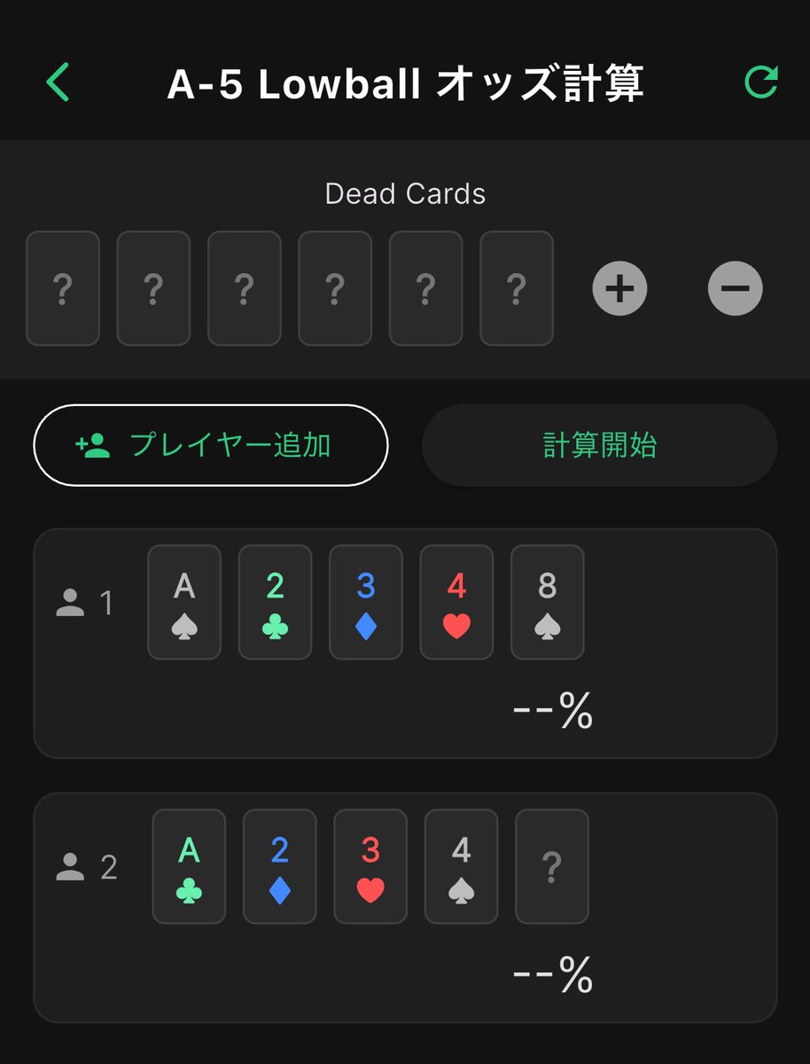 MixOddsHub's tweet photo. Mix Odds クイズ #2 

A-5 Triple Draw -Last Draw

Player 1
A♠ 2♣ 3♦ 4♥ 8♠   Pat

Player 2
A♣ 2♦ 3♥ 4♠   Draw 1

Player 2 
A♣ 2♦ 3♥ 4♠のエクイティに最も近いのは？ https://t.co/hwNVO8uzr6