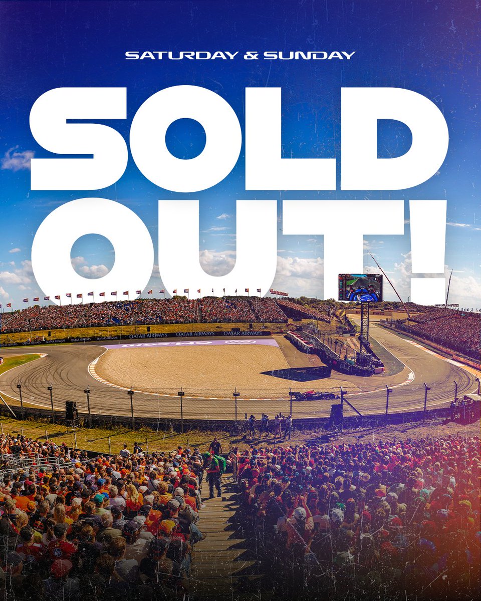 f1dutchgp's tweet photo. Saturday &amp; Sunday are officially 𝐒𝐎𝐋𝐃 𝐎𝐔𝐓 🧡
For one last time, the stands of Zandvoort are packed!!

Still want to be part of it? Super Friday tickets are still available for now via https://t.co/8hYnN5r8RM

#DutchGP #TheFinalLap https://t.co/nxP2tuGEoi