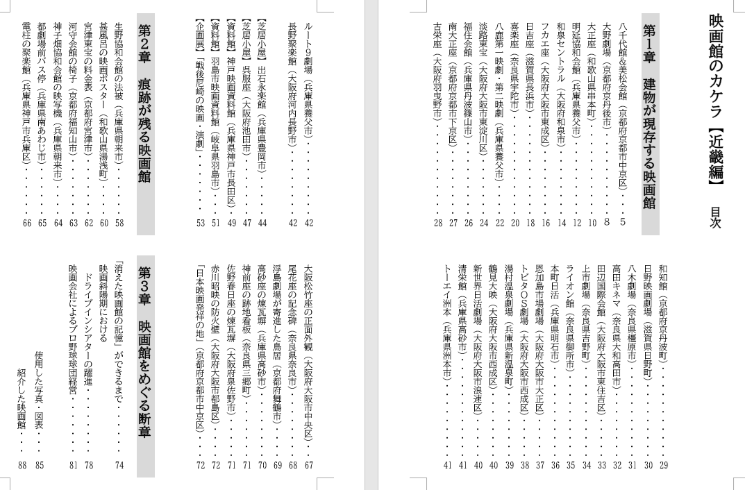 『映画館のカケラ 近畿編』に収録した映画館。戦後の近畿地方6県にあった1500館程度の映画館を、映画館名簿・郷土資料・住宅地図等の文献で一つ一つチェックし、建物や映写機など物理的な何かが残ってる/残ってそうな場所は現地に赴いて状況を確認しました。