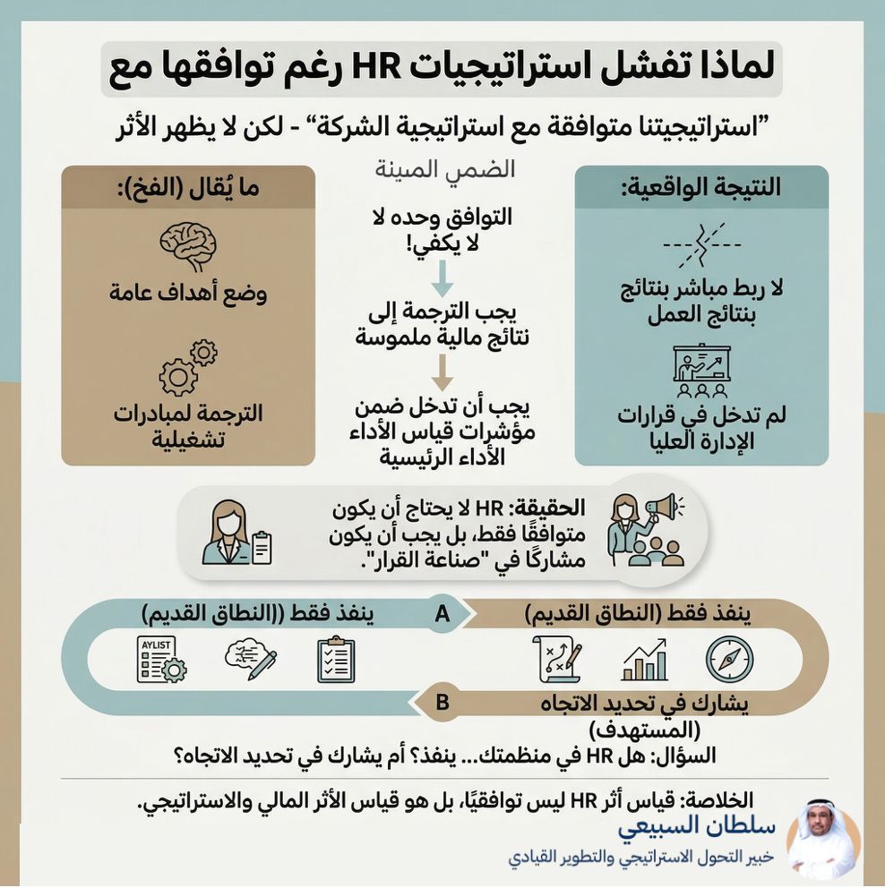 sultanalsubiei's tweet photo. لماذا تفشل استراتيجيات HR رغم توافقها مع الاستراتيجية؟

كثير من إدارات HR تقول:
“استراتيجيتنا متوافقة مع استراتيجية الشركة”

وغالبًا… هذا صحيح
لكن لماذا لا يظهر الأثر؟

لأن المشكلة ليست في “التوافق”
بل في الترجمة إلى نتائج

ما يحدث عادة:
 • يتم وضع أهداف عامة
 • تتحول إلى مبادرات تشغيلية
 • لكن بدون ربط مباشر بنتائج الأعمال

رأيت شركة وضعت استراتيجية HR ممتازة:
 • تطوير المواهب
 • تحسين تجربة الموظف
 • رفع إنتاجية الموظف

لكن عند التنفيذ:
 • لم تُربط بمؤشرات مالية
 • لم تدخل في قرارات الإدارة العليا
 • بقيت داخل نطاق HR فقط

النتيجة:
نشاط عالي…
لكن بدون أثر واضح
بمعني: حققت اهدافها ولم تحقق اهداف المنظمة (الأثر والقيمة مفقودة)

الحقيقة:
HR لا يحتاج أن يكون متوافقًا فقط
بل يجب أن يكون جزءًا من “صناعة القرار”

السؤال:
هل HR في منظمتك…
ينفذ؟
أم يشارك في تحديد الاتجاه؟