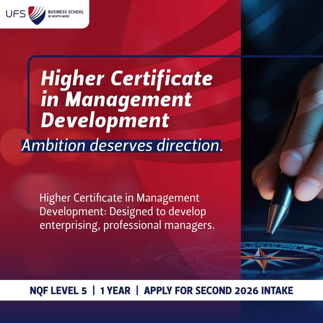 The 𝗛𝗶𝗴𝗵𝗲𝗿 𝗖𝗲𝗿𝘁𝗶𝗳𝗶𝗰𝗮𝘁𝗲 𝗶𝗻 𝗠𝗮𝗻𝗮𝗴𝗲𝗺𝗲𝗻𝘁 𝗗𝗲𝘃𝗲𝗹𝗼𝗽𝗺𝗲𝗻𝘁 (NQF Level 5) is a 1-year programme tailored for working 𝗮𝗱𝘂𝗹𝘁𝘀 𝘄𝗶𝘁𝗵 𝗮 𝗻𝗮𝘁𝗶𝗼𝗻𝗮𝗹 𝘀𝗲𝗻𝗶𝗼𝗿 𝗰𝗲𝗿𝘁𝗶𝗳𝗶𝗰𝗮𝘁𝗲.

bus@ufs.ac.za | ufs.ac.za/bus

#BeWorthMore