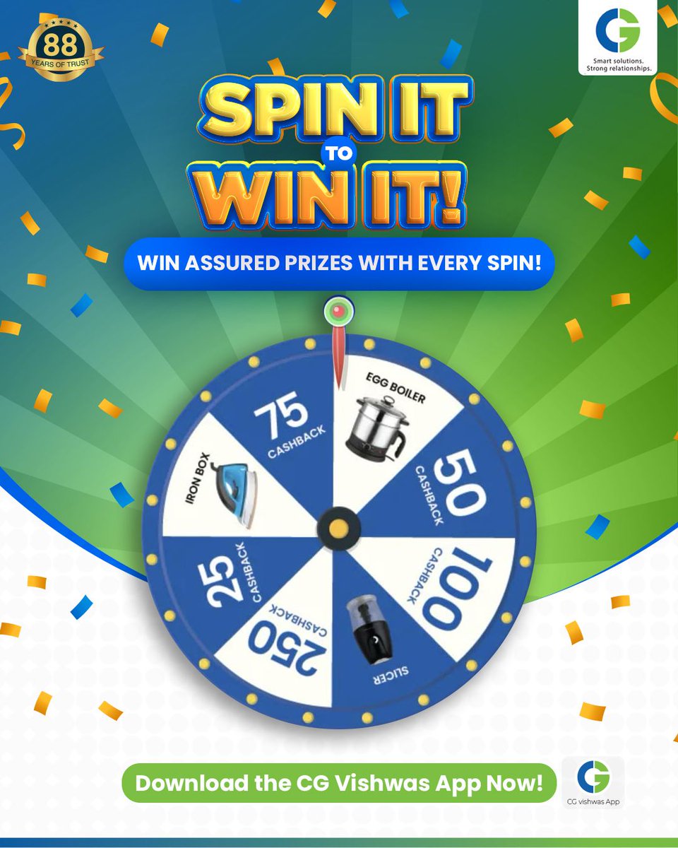 CGDurables's tweet photo. 🔥 SPIN IT. WIN IT! 🔥

🎉 The CG Vishwas Spin the Wheel campaign is LIVE! 🚀

💥 Spin &amp; win ASSURED rewards every time
🎁 Points, gifts &amp; exciting surprises up for grabs
🗓️ 1 Apr – 30 Jun 2026

📲 Download the CG Vishwas App &amp; start spinning now!

#SpinAndWin #CGVishwas https://t.co/2Ugip4XKsH