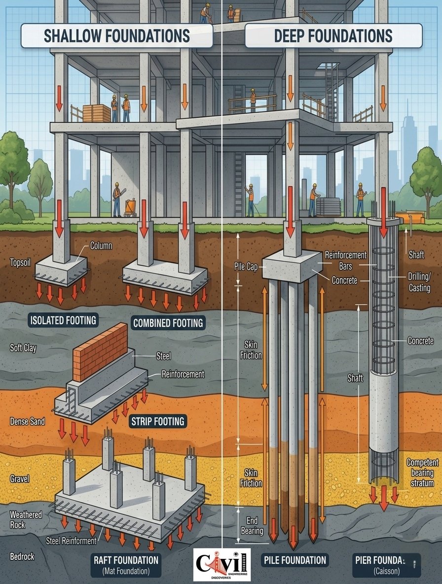 Foundation is not just the base of a structure... It decides the stability of the entire building.

Broadly, foundations are of 2 types:

1-Shallow Foundation

 Isolated footing

Combined footing

Strip footing

Raft foundation

2-Deep Foundation

Pile foundation

Pier foundation