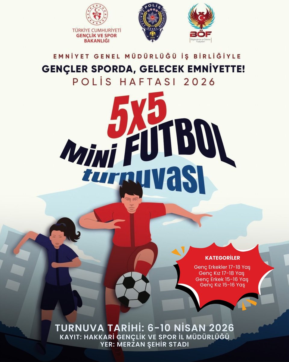 📢 5x5 Mini Futbol Turnuvası "Gençler Sporda, Gelecek Emniyette!" Sloganıyla Başlıyor.

📌Sen de takımını kur bu heyecana ortak ol‼️

📝Başvurular: Hakkari Gençlik ve Spor İl Müdürlüğü 
🗓️ Tarih: 06-10 Nisan 2026
📍 Yer Merzan Şehir Stadı