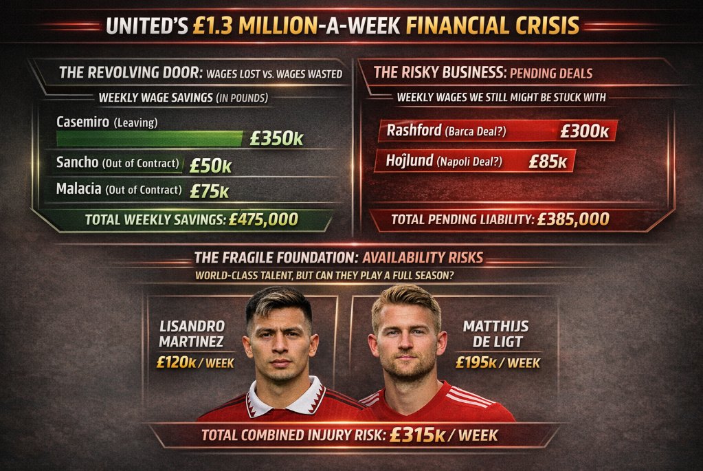 The £1,300,000 PER WEEK problem. 💸🔴

Manchester United are currently burning through a staggering wage bill for players who either aren’t there, aren’t fit, or aren’t wanted.

Look at the math:

Casemiro (£350k): Confirmed leaving, but the cost of replacing that experience is
