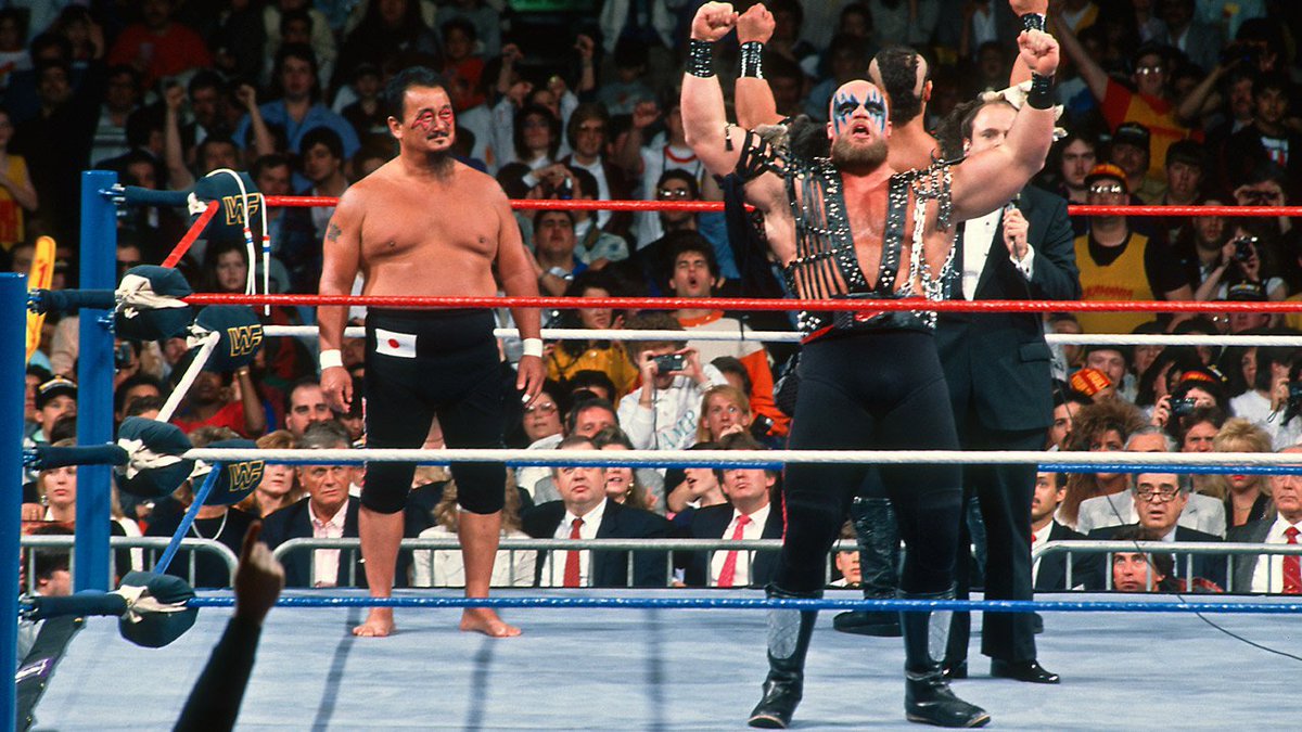 WWFWrestling1's tweet image. 📸 On this day in 1989, Mr. Fuji dons his wrestling tights to tag with his Powers of Pain at WrestleMania V. #WWF #WWE #Demolition #PowersofPain #MrFuji