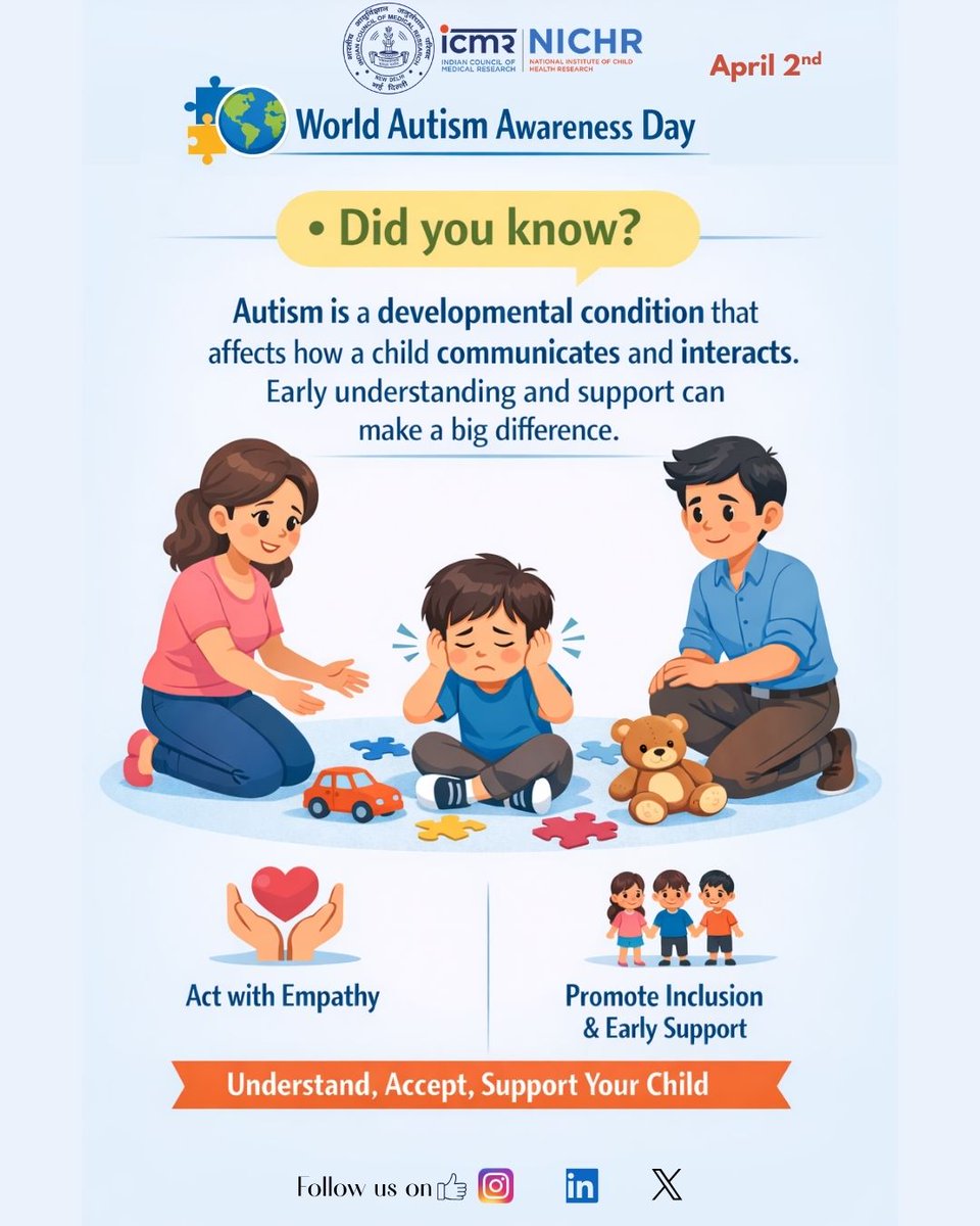 IcmrNichr's tweet image. On World Autism Awareness Day, let’s foster understanding, empathy, and inclusion.
Early support can make a meaningful difference in a child’s life.
Understand. Accept. Support. 💙

#WorldAutismAwarenessDay #InclusionMatters #EarlyIntervention #ChildHealth #ICMR #NICHR