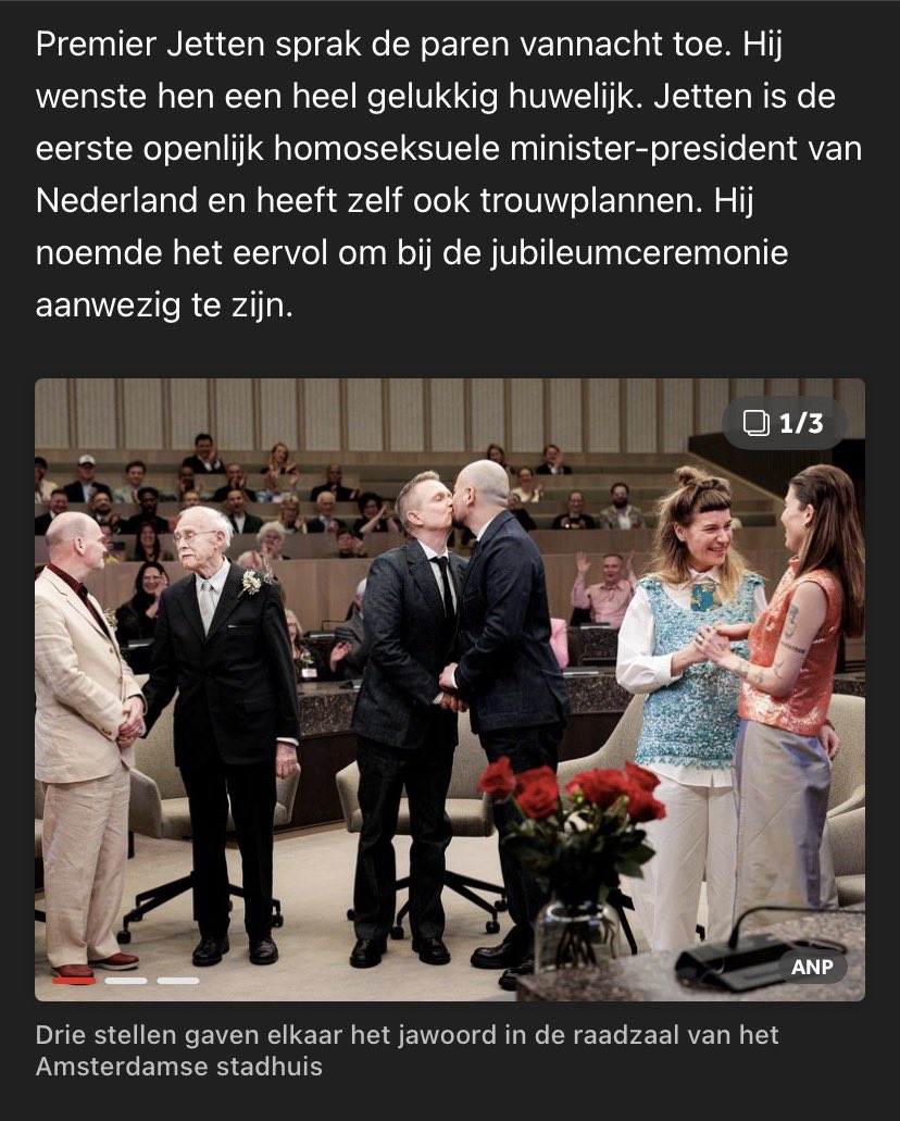 enieleda_m's tweet photo. 25 years ago, the Netherlands (my country) made history when the world's first same-sex marriage was officiated by the Mayor of Amsterdam in City Hall 💗🫡
Yesterday, this was celebrated with 3 new same-sex marriages in presence of our gay PM 🙌

#samesex #marriage #loveislove https://t.co/Wakj9998Zr
