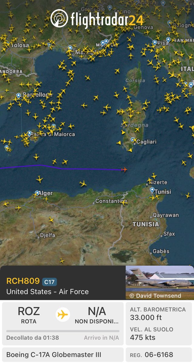 davideravera's tweet image. 📍#EpicFury #USAF #Rota #Spagna #EEUU | Nuovo volo dalla base aeronavale #USA di Rota in direzione est. Destinazione non dichiarata, quasi sicuramente Sigonella in Sicilia o Souda Bay a Creta. #Grecia #Italia

Boeing C-17A Globemaster III
callsign RCH809
reg 06-6168
hex AE1466