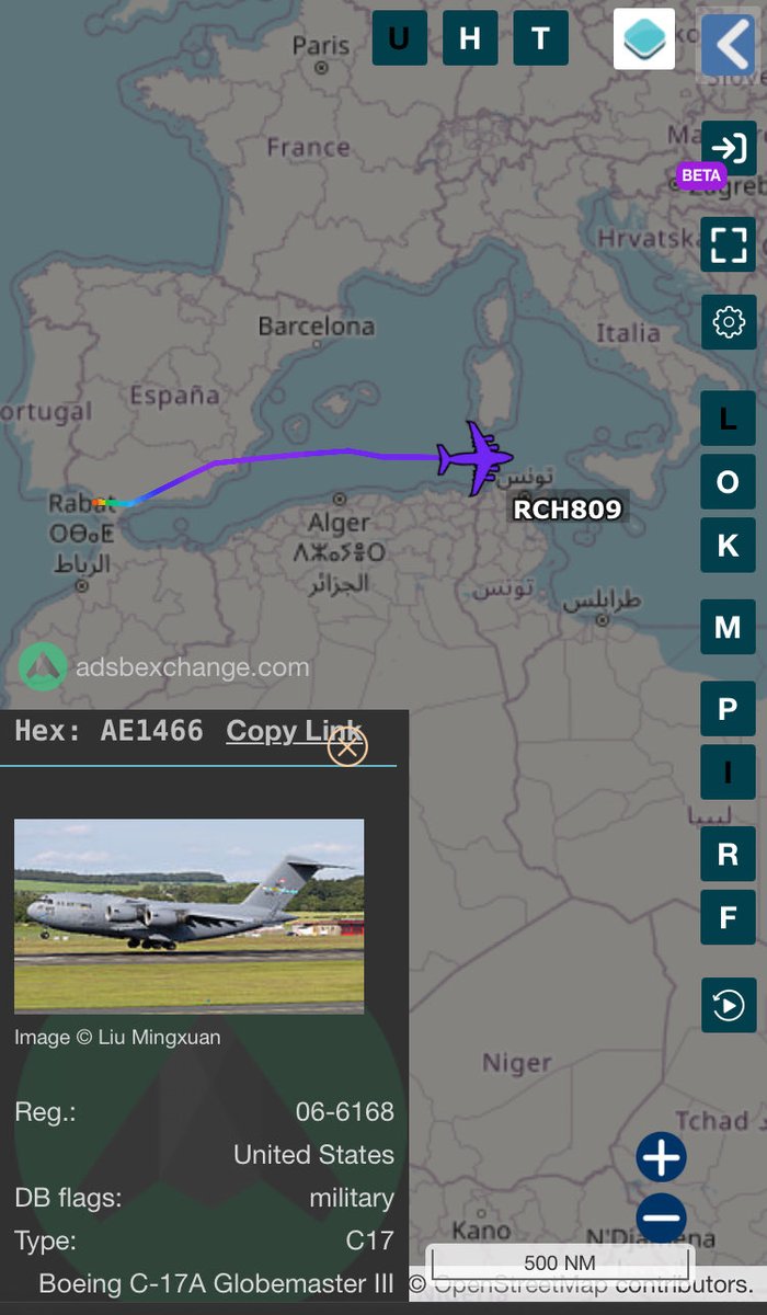 davideravera's tweet image. 📍#EpicFury #USAF #Rota #Spagna #EEUU | Nuovo volo dalla base aeronavale #USA di Rota in direzione est. Destinazione non dichiarata, quasi sicuramente Sigonella in Sicilia o Souda Bay a Creta. #Grecia #Italia

Boeing C-17A Globemaster III
callsign RCH809
reg 06-6168
hex AE1466