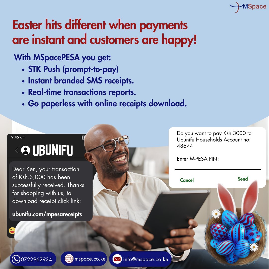 MspaceSolutions's tweet photo. Integrate Business Paybills and till numbers to send real-time branded payment confirmation receipts to customers.  Track payments easily for end-of-day reconciliation!  
Sign up click: https://t.co/lucLqm3Nro

#MSpacePESA #Mpesaintegration #paymentssolutions #EasterWeek https://t.co/Gi9Yn7okZS