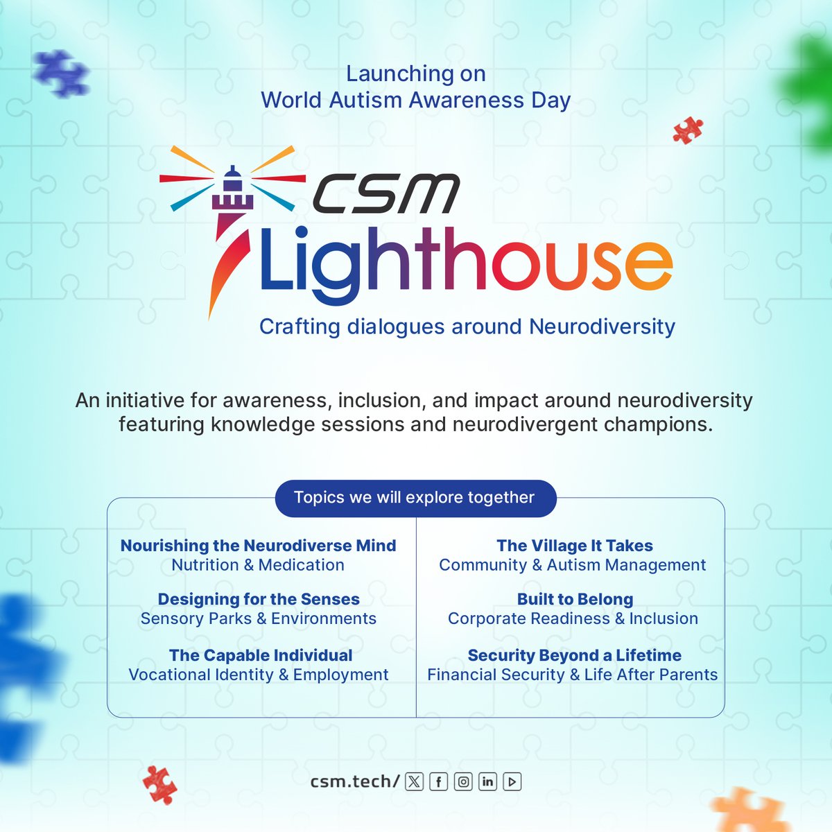 Introducing CSM Lighthouse.

An initiative for awareness, inclusion, and impact around neurodiversity — featuring knowledge sessions and the voices of neurodivergent champions.

We believe understanding is powerful. But action is what creates change.

#CSMLighthouse #CSM