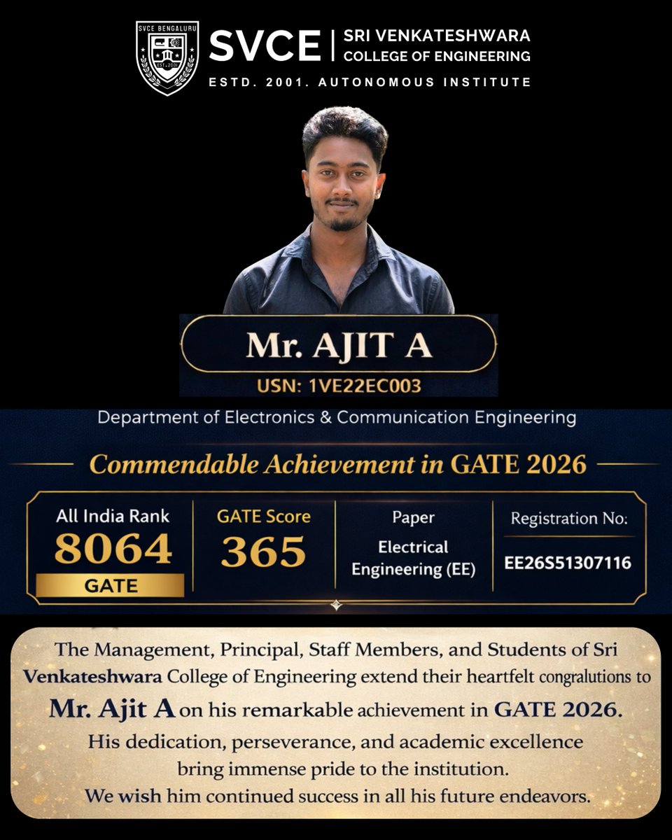 Heartiest congratulations to Mr. Ajit A from ECE for his remarkable accomplishment in GATE 2026, securing an impressive All India Rank of 8064. 
A true reflection of his commitment to excellence. 
Your success has added pride to SVCE Bengaluru
#SVCEBengaluru #GATE2026 #ProudSVCE