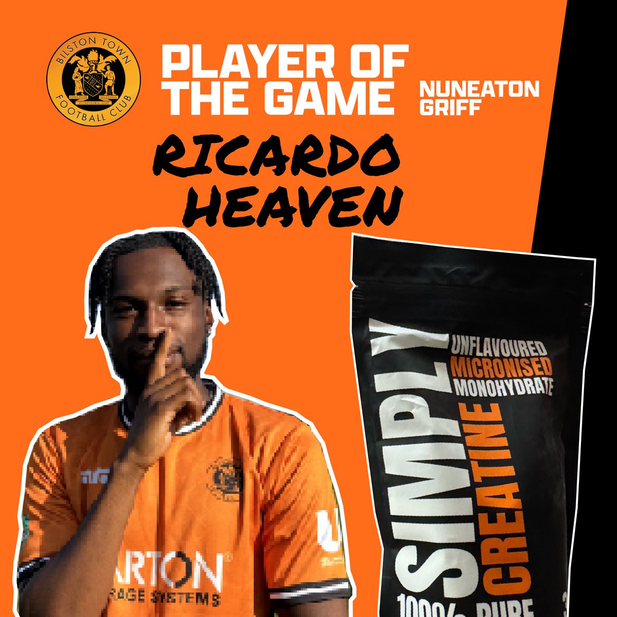 BilstonTownFC's tweet photo. The @simplyfoodsuk POTG v Nuneaton Griff is @Cardz2001 
A great performance topped off with 2 goals. 🧡 https://t.co/11RNgLzOlr
