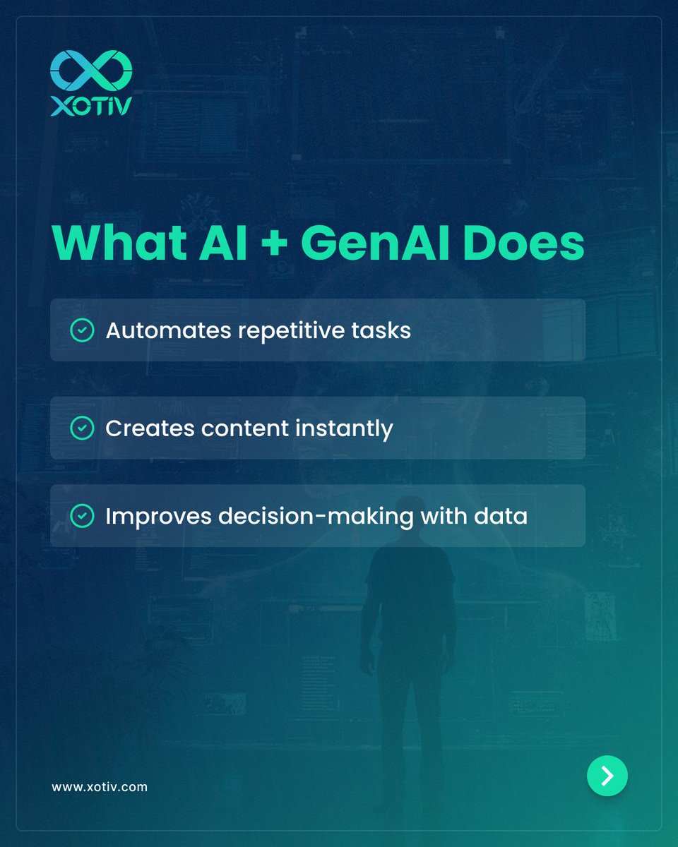 xotiv_tech's tweet photo. AI &amp; GenAI are already shaping business growth in 2026.

Work smarter, decide faster, and reduce manual effort. From marketing to sales to support, AI is driving efficiency, better customer experiences, and more revenue.

The real risk? Starting too late.

#AI #GenAI https://t.co/MPdtjININa