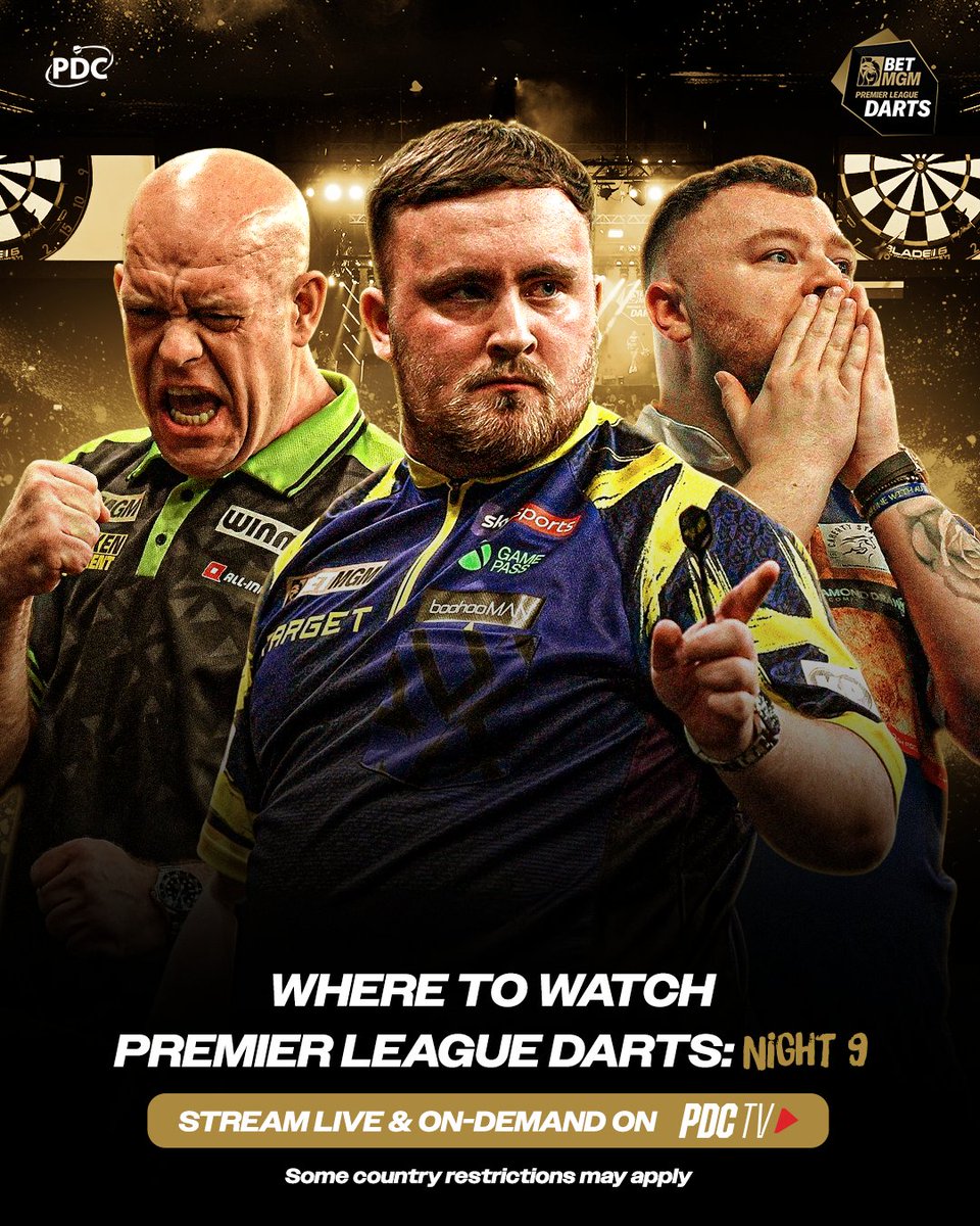 OfficialPDC's tweet image. Premier League Night 9 arrives in Manchester 🔥

Top spot is on the line as we head into another crucial night 👀

MVG opens against Bunting, Price faces Humphries, Van Veen takes on Littler, and Rock looks to make it back-to-back wins over Clayton 🎯

Action starts from 19:00