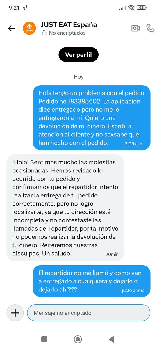 Maruafonso's tweet photo. @JustEat_es pésimo servicio...no entregamos tu pedido, no sabemos dónde está? No es cierto que me llamaron, nadie me llamó y se quedan con mi dinero y yo sin mi compra, por eso querían un mensaje privado para que nadie lea que no hay garantía. https://t.co/r5qhimdQTJ