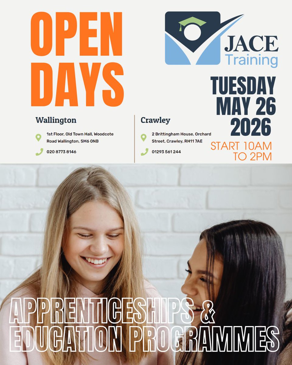 JACETraining's tweet photo. Now’s the time to think about your next steps! Join our JACE Open Days in Wallington and Crawley and explore apprenticeship pathways that can shape your future! #opendays #college #apprenticeships #sutton #wallingon #crawley https://t.co/llW3Qwj3yb