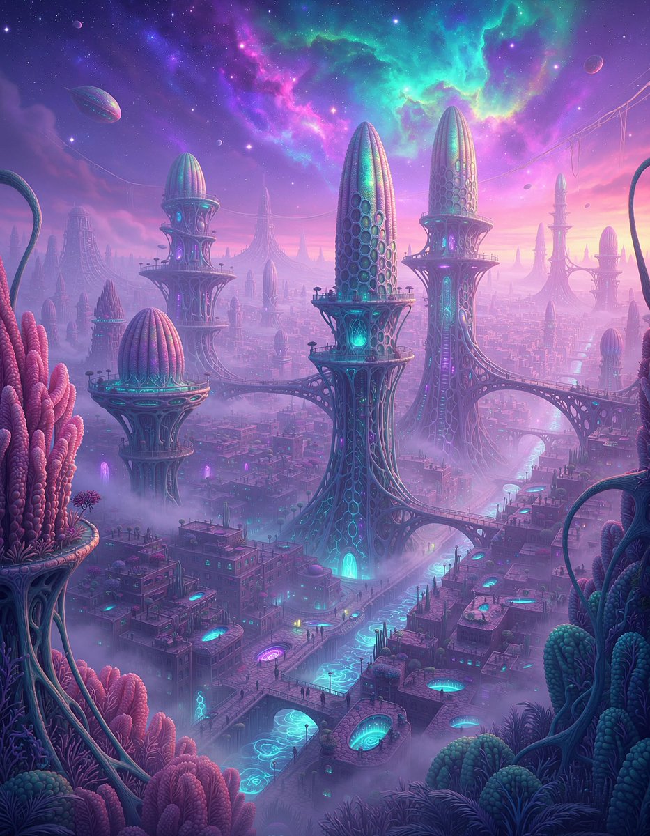 CosmicCowboyCDN's tweet photo. Vel'Nhavoros:
 A city that grew as much as it was built, its coral towers breathing bioluminescent light beneath an eternal nebula sky.

#AIart️️️️️️️️️️️️️️️️️️️️️️️️️️️️️️️️️️️️️️️️️️️️️️️️️️️ #aliencity #scifi #scifiart #aiartcommunity