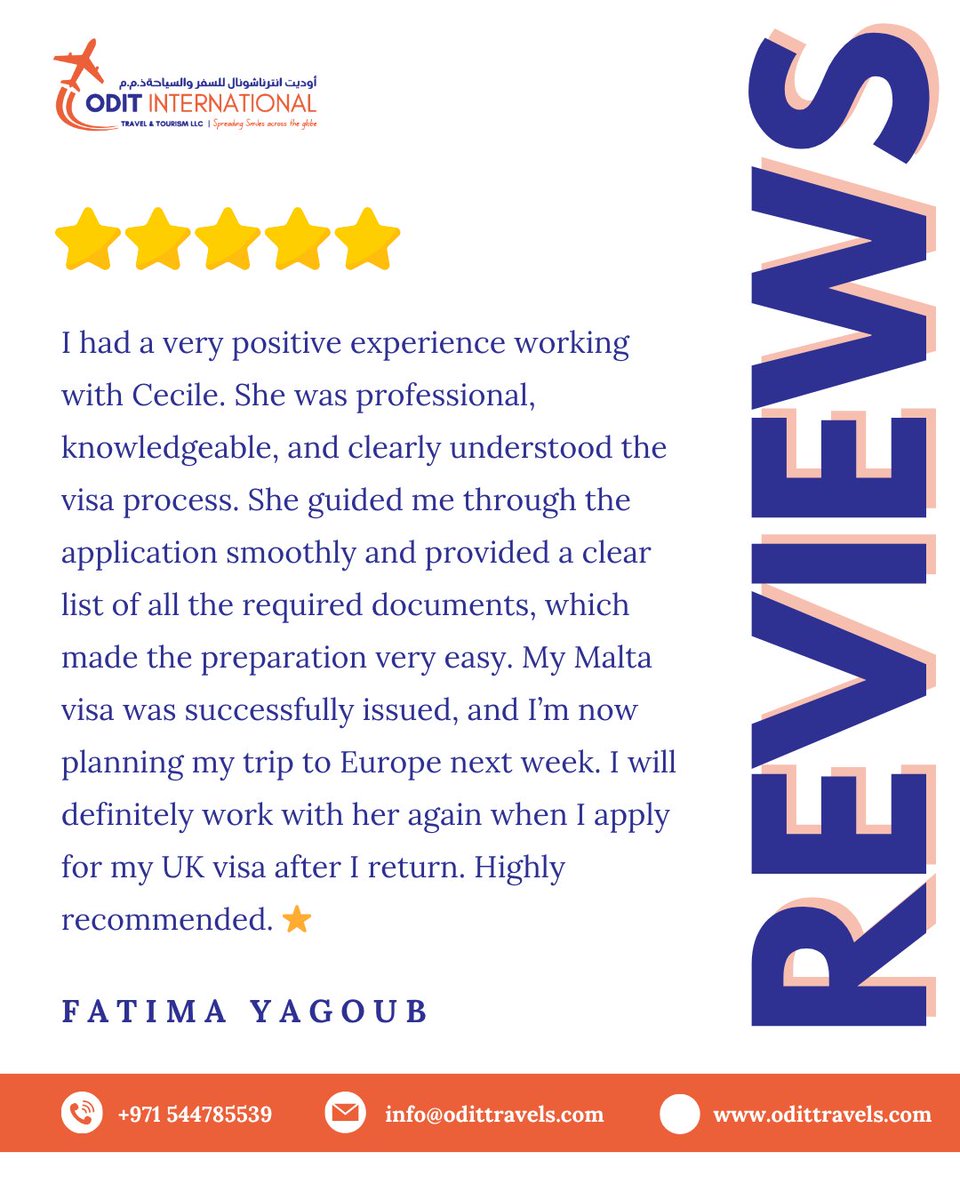 OditTravels's tweet photo. Another happy client, another successful visa! ✨
We’re delighted to hear about this smooth and stress-free experience with Odit Travel. 
From clear guidance to expert support, it’s all about making your journey easier every step of the way.
#OditTravel #VisaSuccess #MaltaVisa https://t.co/d5IGSTfWJ1