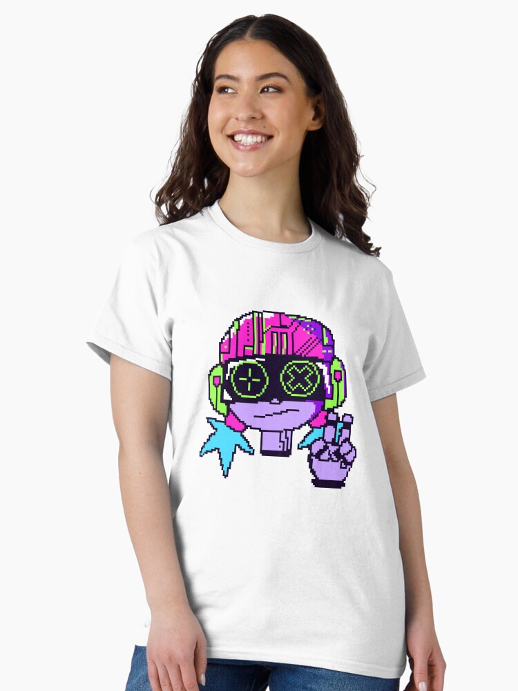 ExcesssShop's tweet photo. Get my art printed on awesome products. Support me at Redbubble #RBandME:  https://t.co/4AKZna9mdR #findyourthing #redbubble 

Edgy cyberpunk pixel art character featuring a girl with neon pink and green tech-infused hair, oversized cyber goggles with crosshair and X symbols, green headphones, and a peace sign gesture. Vibrant neon color palette of magenta, lime green, cyan, and purple on a black background with electric lightning accents. Perfect for gaming merchandise, NFT-style art, streetwear t-shirts, stickers, cyberpunk posters, vaporwave aesthetic projects, and sci-fi themed apparel.