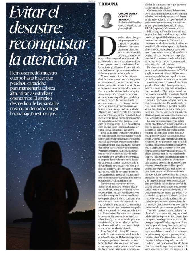 virginiog's tweet photo. En la era de la hiperestimulación y el "efecto TikTok", recuperar el control de nuestra atención es un acto de resistencia  

 Para mantener nuestra autonomía intelectual, la capacidad de pensamiento profundo y de reflexión, menos algoritmos y más pensamiento consciente https://t.co/Qe9HFki1yu